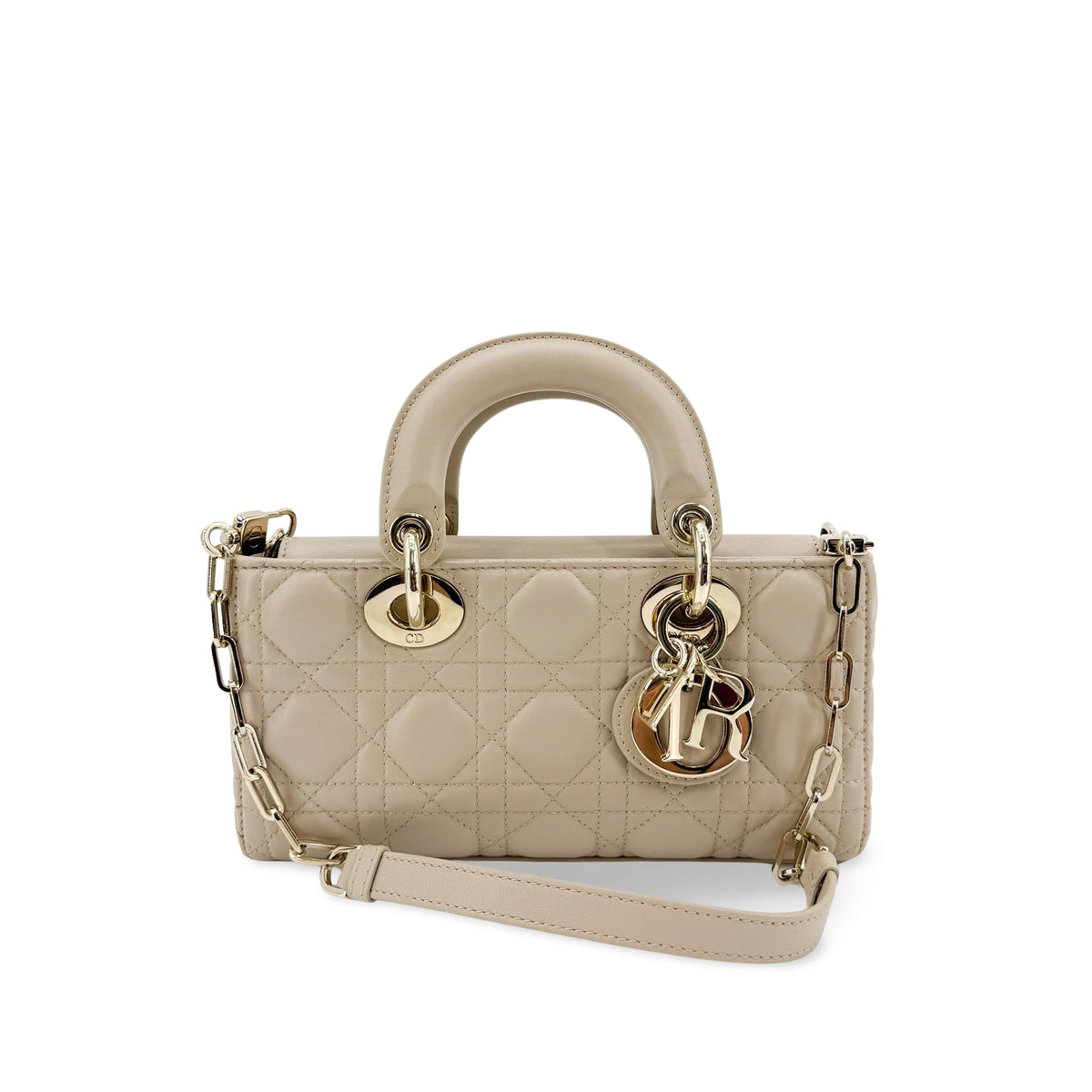 Christian Dior Lady D-Joy Cannage Quilt Lambskin Beige Leather Handbag (Pre-Owned)