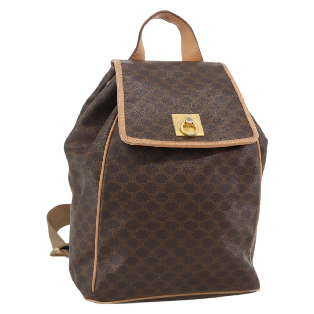 Celine Vintage Drawstring Flap Macadam Coated Canvas Brown Canvas Backpack Bag (Pre-Owned)