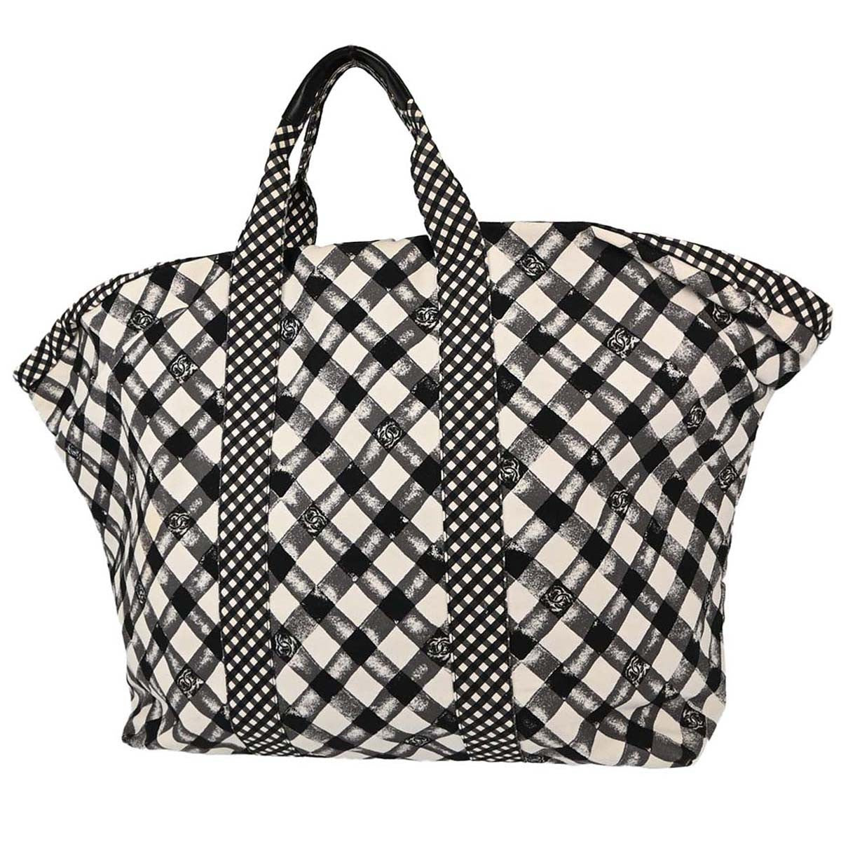 Chanel Weekender Gingham Print Canvas Black Canvas Tote Bag Bag (Pre-Owned)