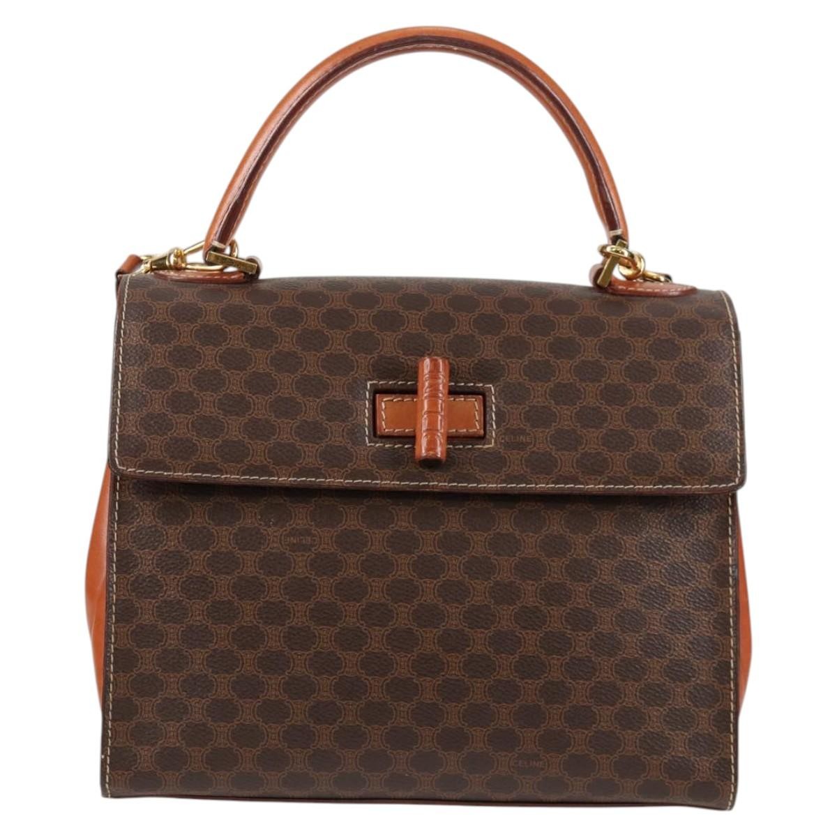 Celine Vintage Convertible Top Handle Macadam Coated Canvas Brown Canvas Handbag (Pre-Owned)