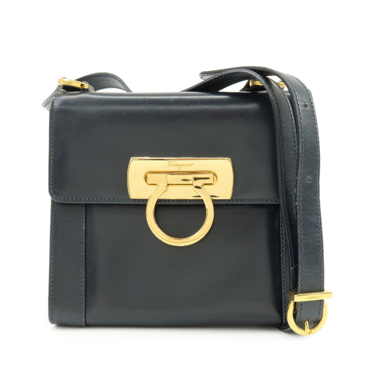 Salvatore Ferragamo Vintage Gancini Flap Leather Navy Leather Shoulder Bag Bag (Pre-Owned)