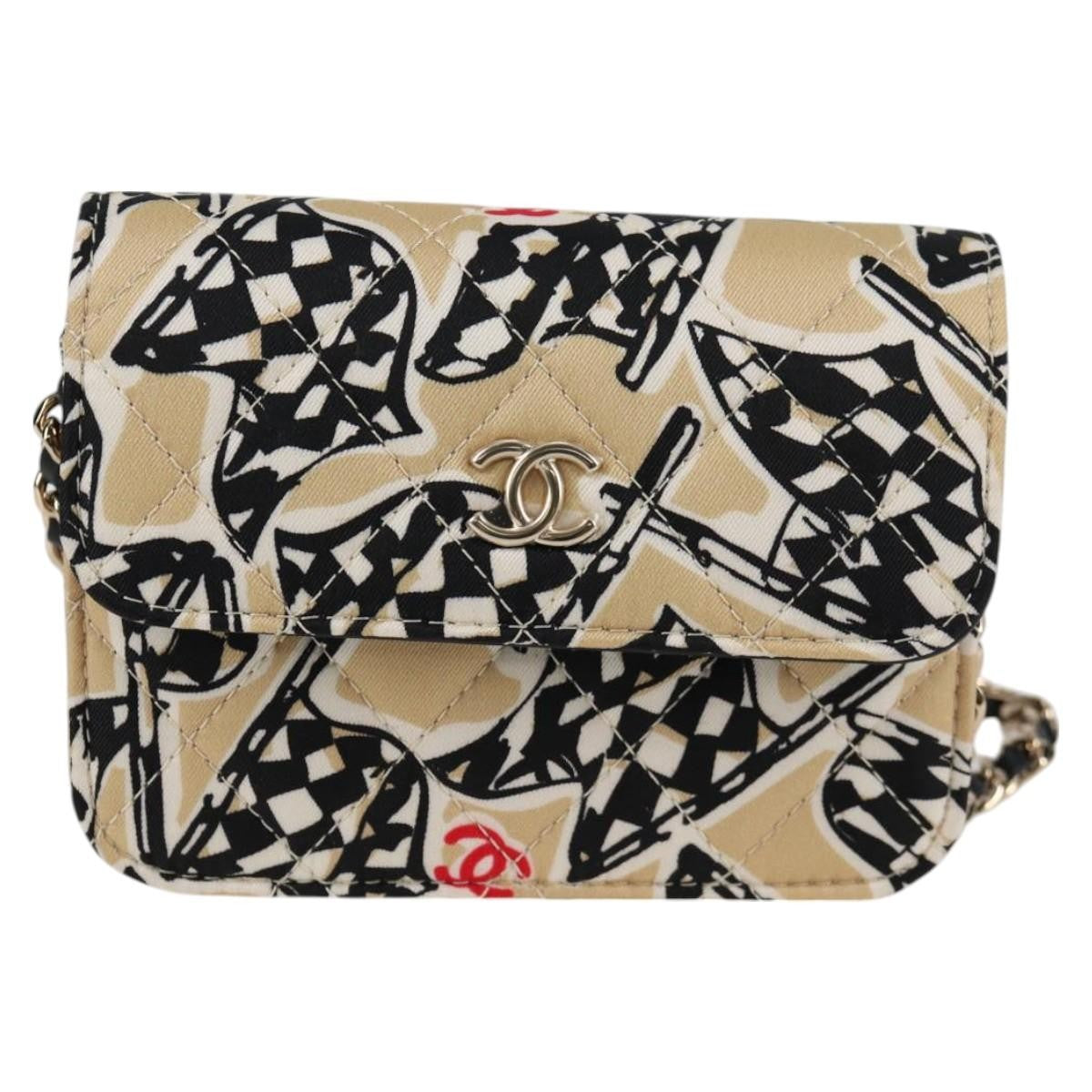 Chanel Flap Card Holder On Chain Quilted Printed Canvas Beige Nylon Shoulder Bag Bag (Pre-Owned)