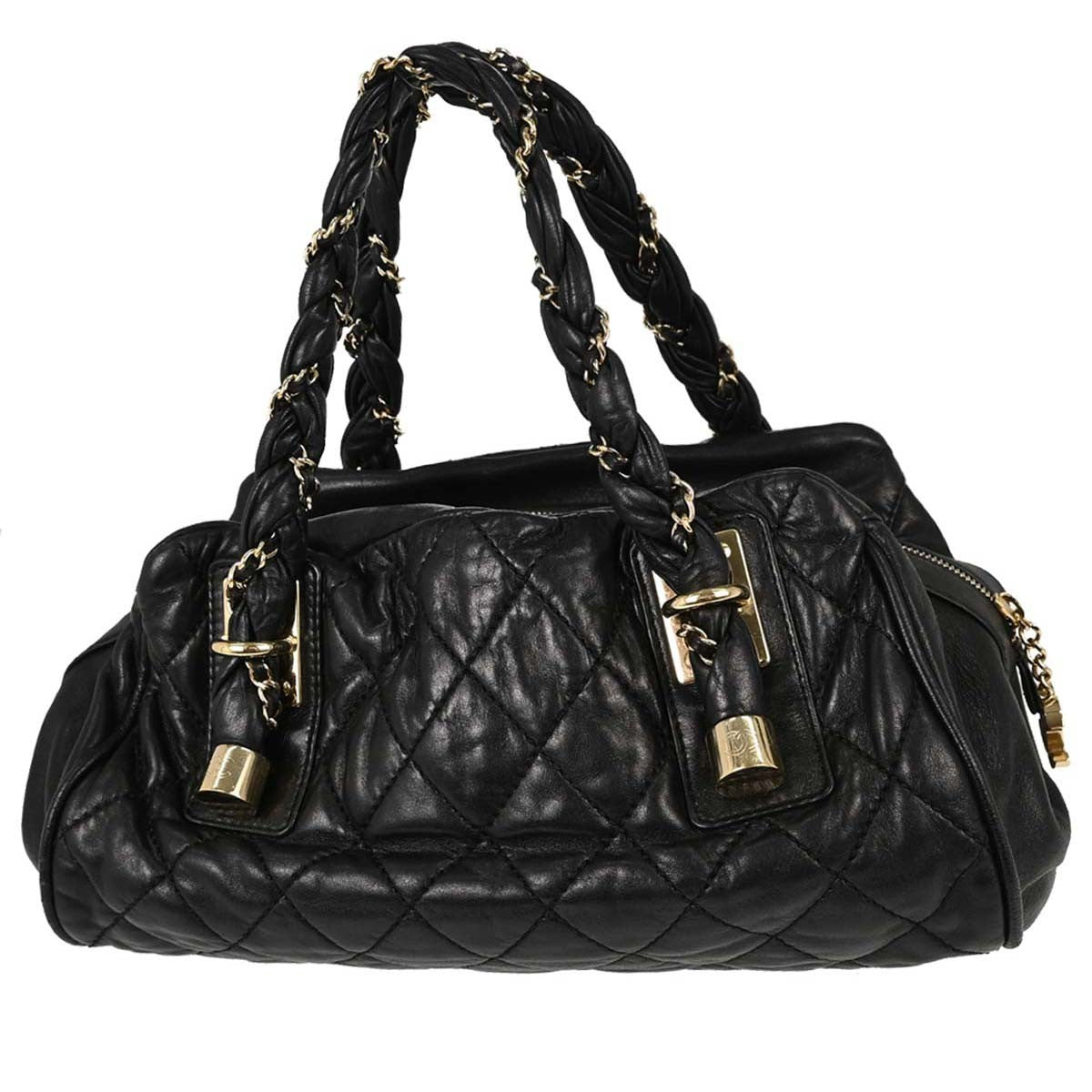 Chanel Lady Braid Bowler Quilted Distressed Calfskin Black Leather Handbag (Pre-Owned)