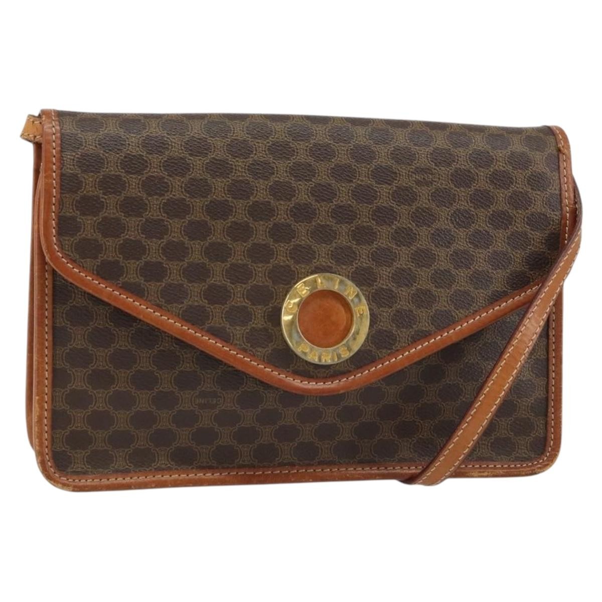 Celine Vintage Macadam Circle Logo Canvas And Leather Brown Canvas Shoulder Bag Bag (Pre-Owned)