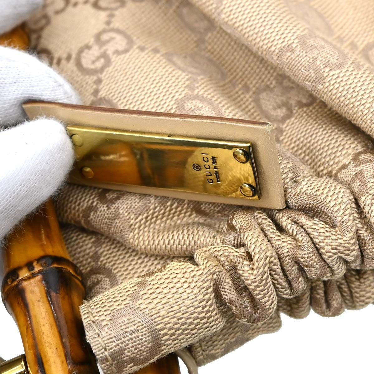 Gucci Bamboo Frame Satchel Gg Canvas Beige Canvas Handbag (Pre-Owned)