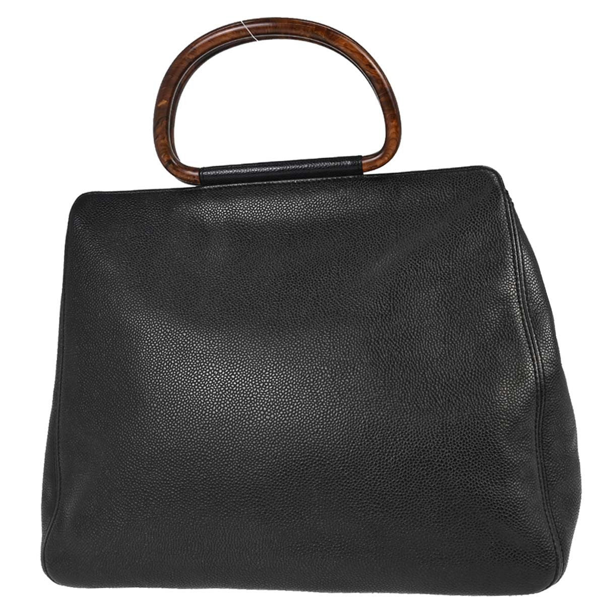 Chanel Vintage Wooden Caviar Black Leather Tote Bag Bag (Pre-Owned)