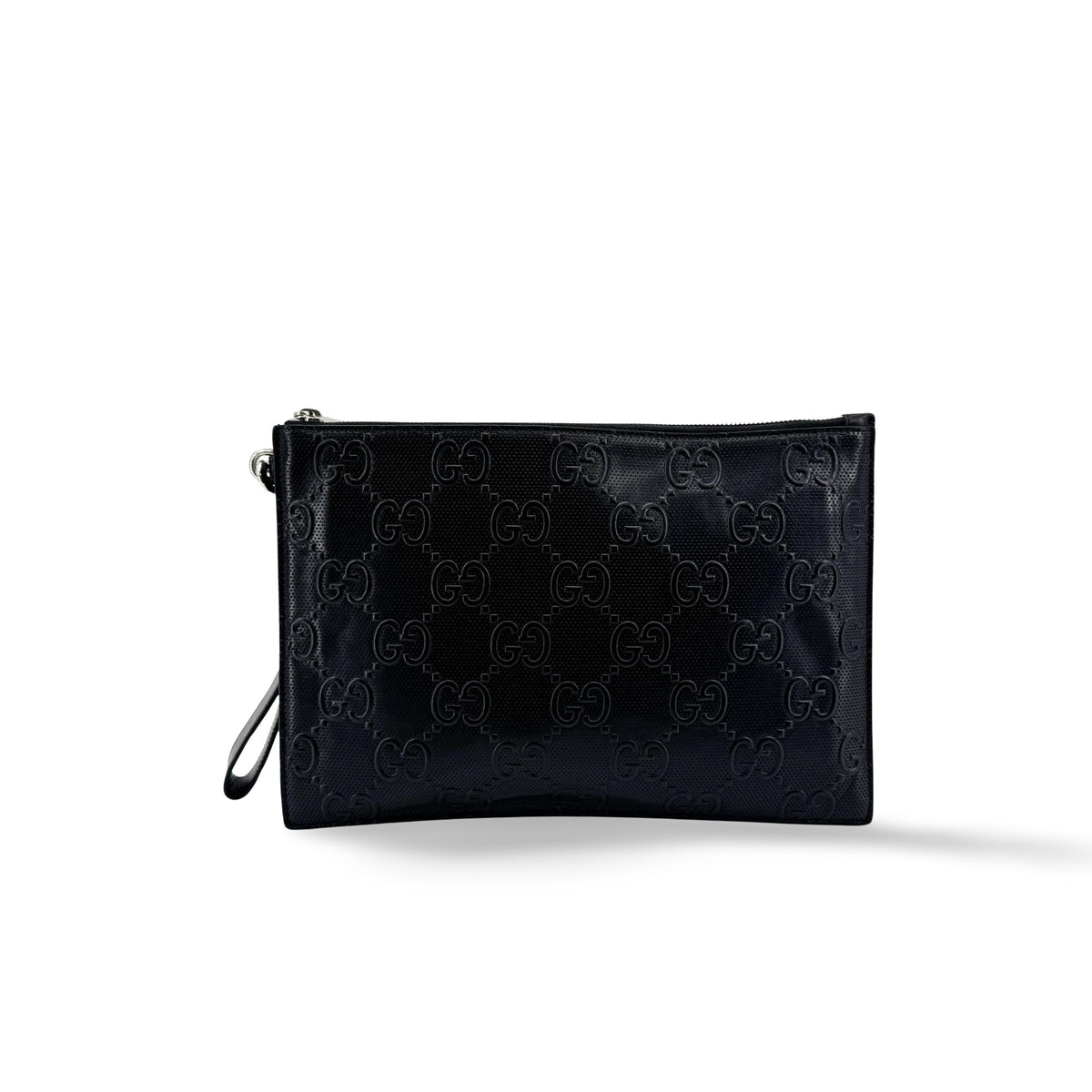 Gucci Wristlet Gg Embossed Perforated Leather Black Leather Clutche & Pouche Bag (Pre-Owned)