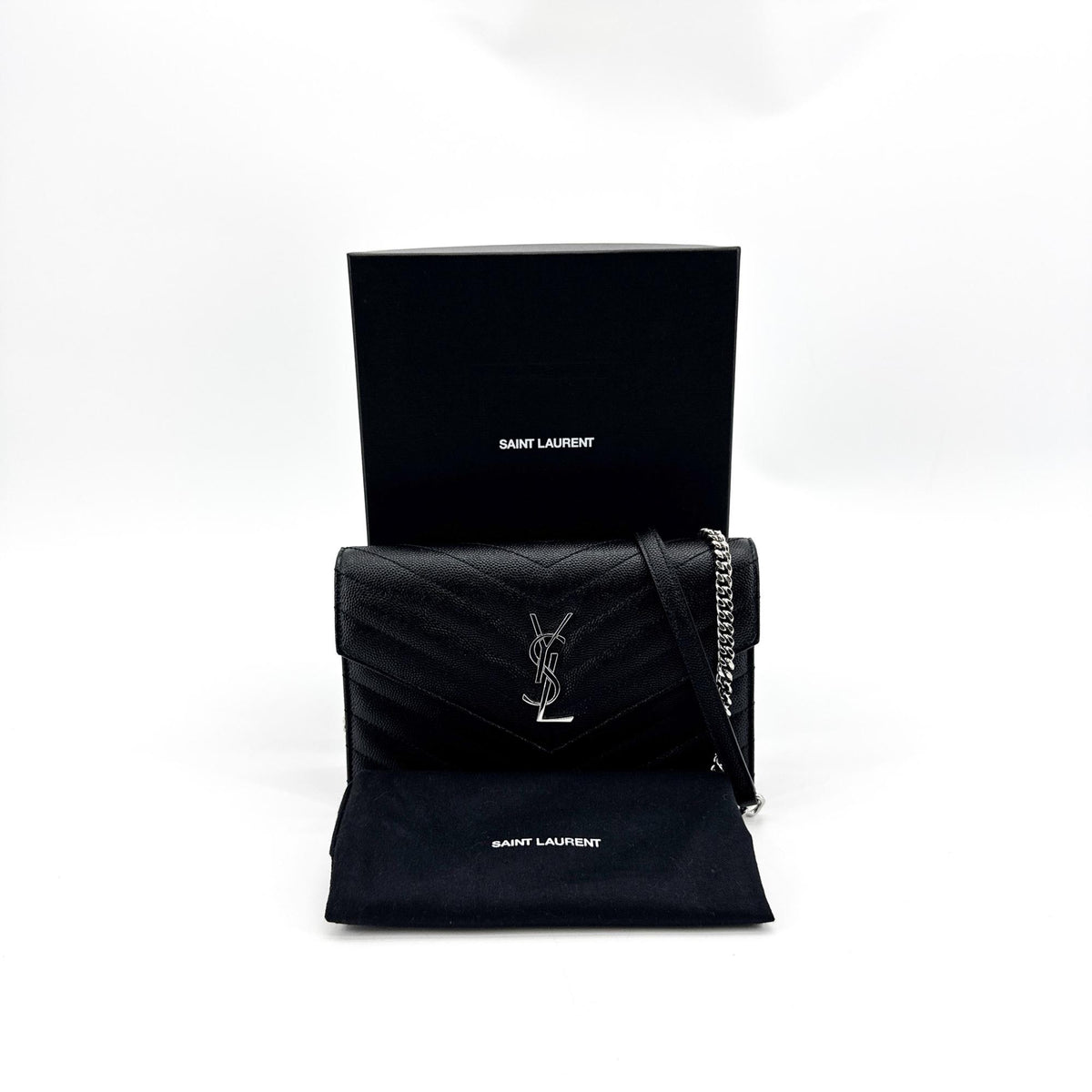 Saint Laurent Classic Monogram Wallet On Chain Matelasse Chevron Leather Black Leather Crossbody Bag Bag (Pre-Owned)