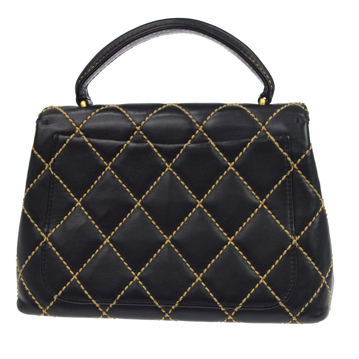 Chanel Surpique Classic Top Handle Flap Quilted Lambskin Black Leather Handbag (Pre-Owned)
