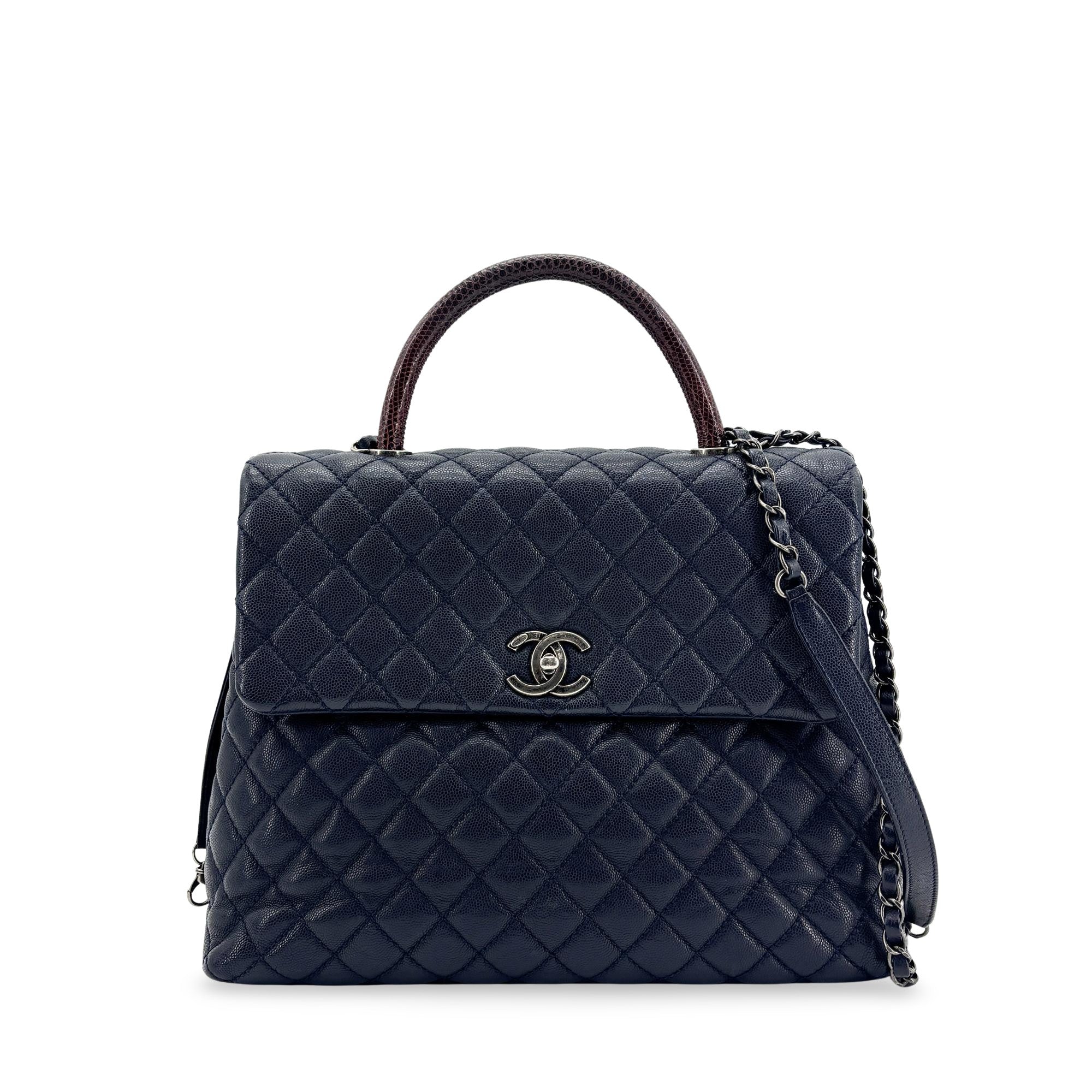 Chanel Coco Top Handle Quilted Caviar With Lizard Navy Leather Handbag (Pre-Owned)