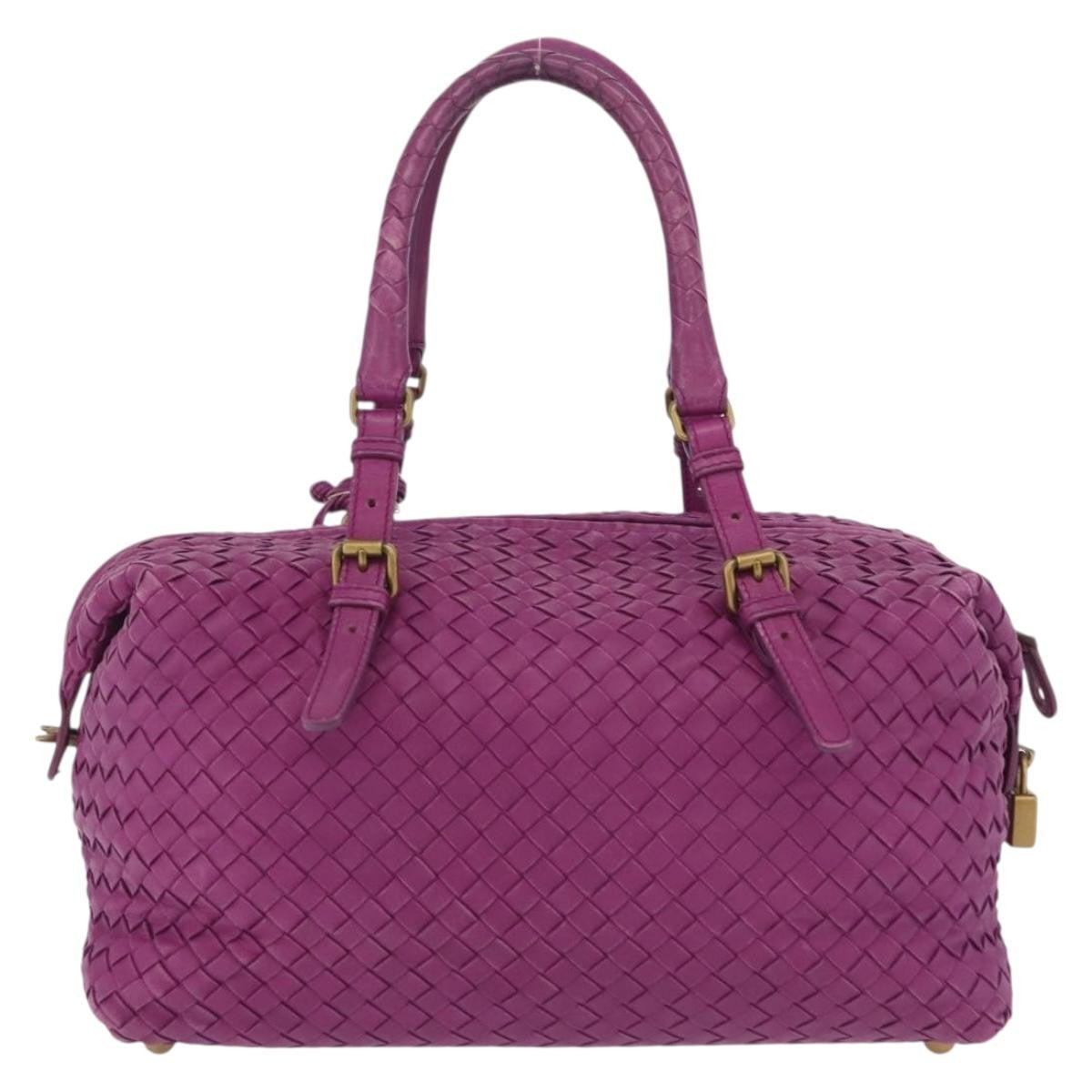 Bottega Veneta New Boston Intrecciato Nappa Purple Leather Handbag (Pre-Owned)