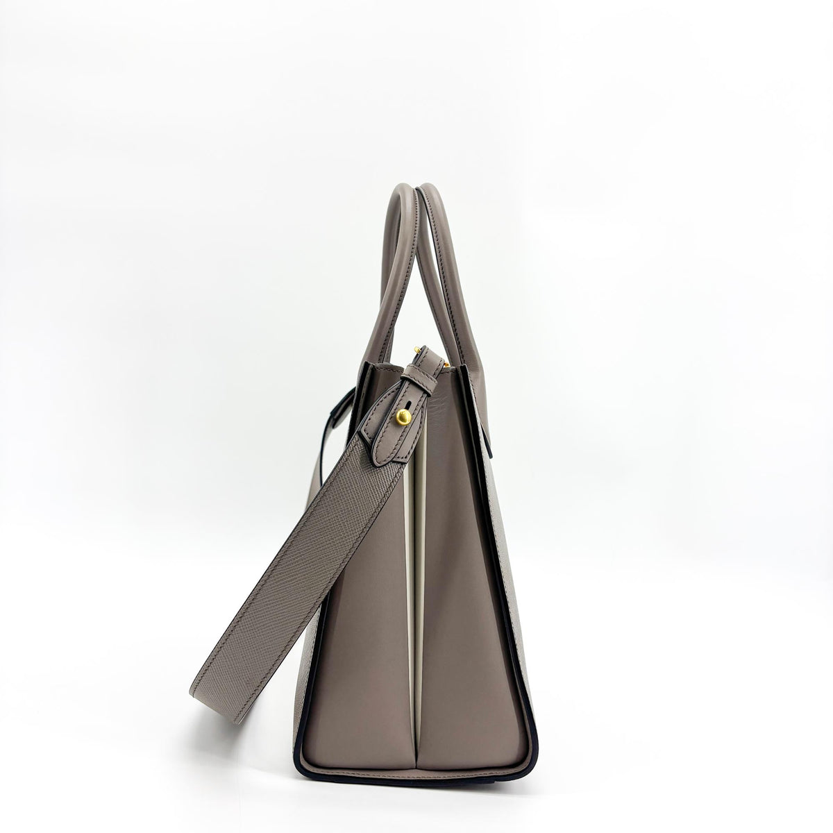 Prada Side Pleat Saffiano Leather Gray Leather Tote Bag Bag (Pre-Owned)
