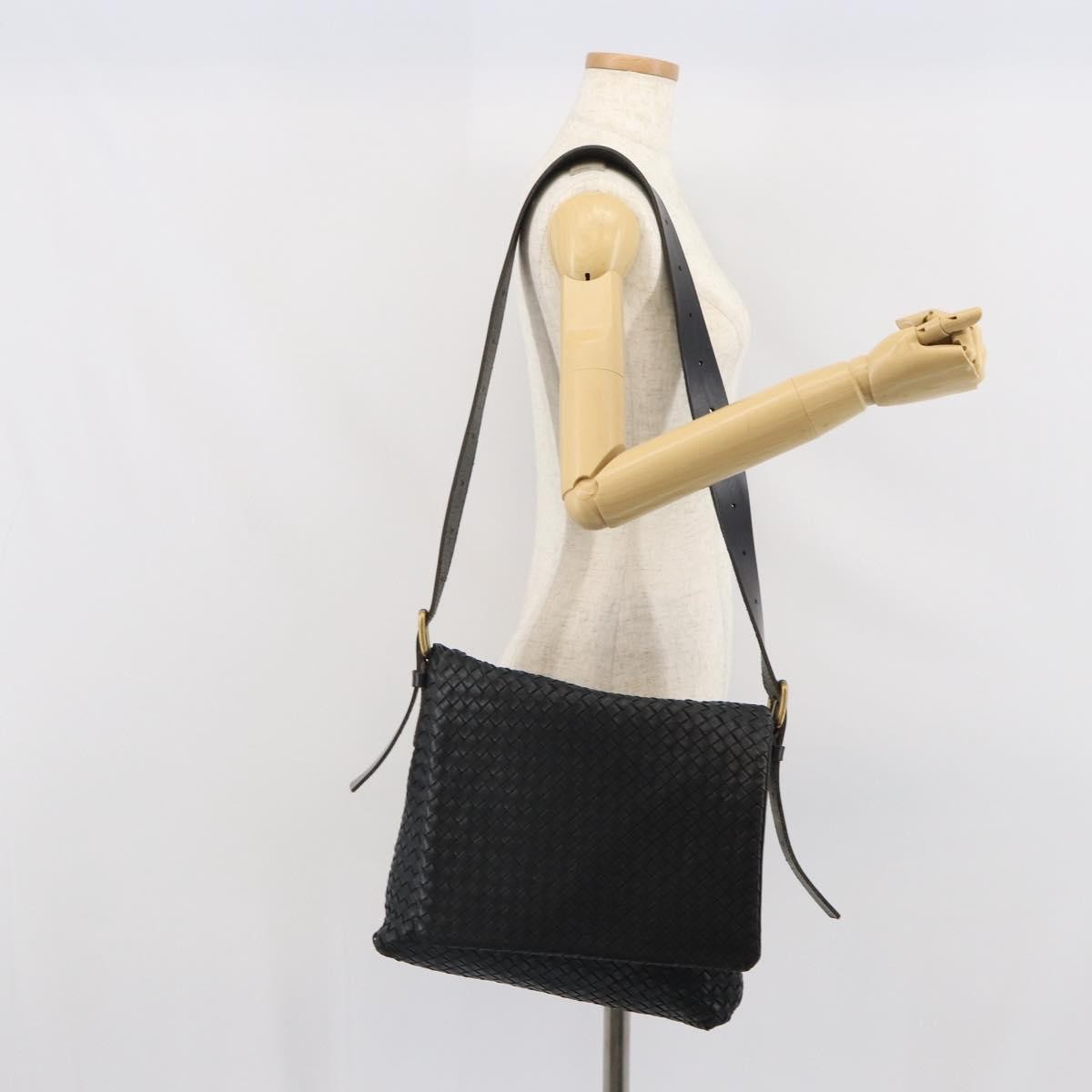 Bottega Veneta Square Flap Messenger Intrecciato Nappa Black Leather Shoulder Bag Bag (Pre-Owned)
