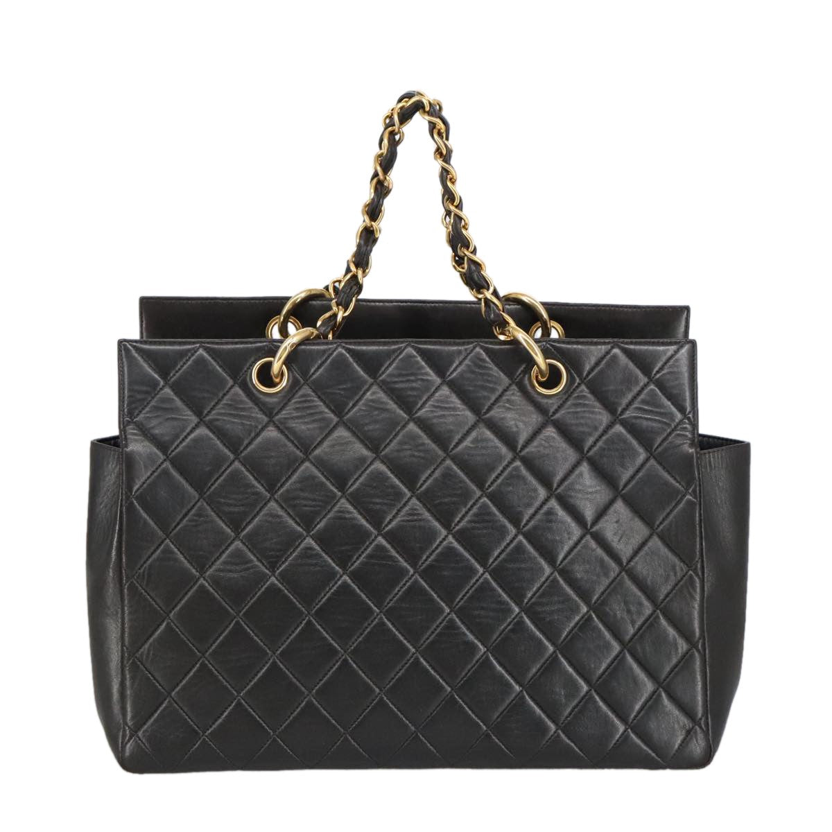 Chanel Vintage Grand Shopping Tote Quilted Lambskin Black Leather Tote Bag Bag (Pre-Owned)