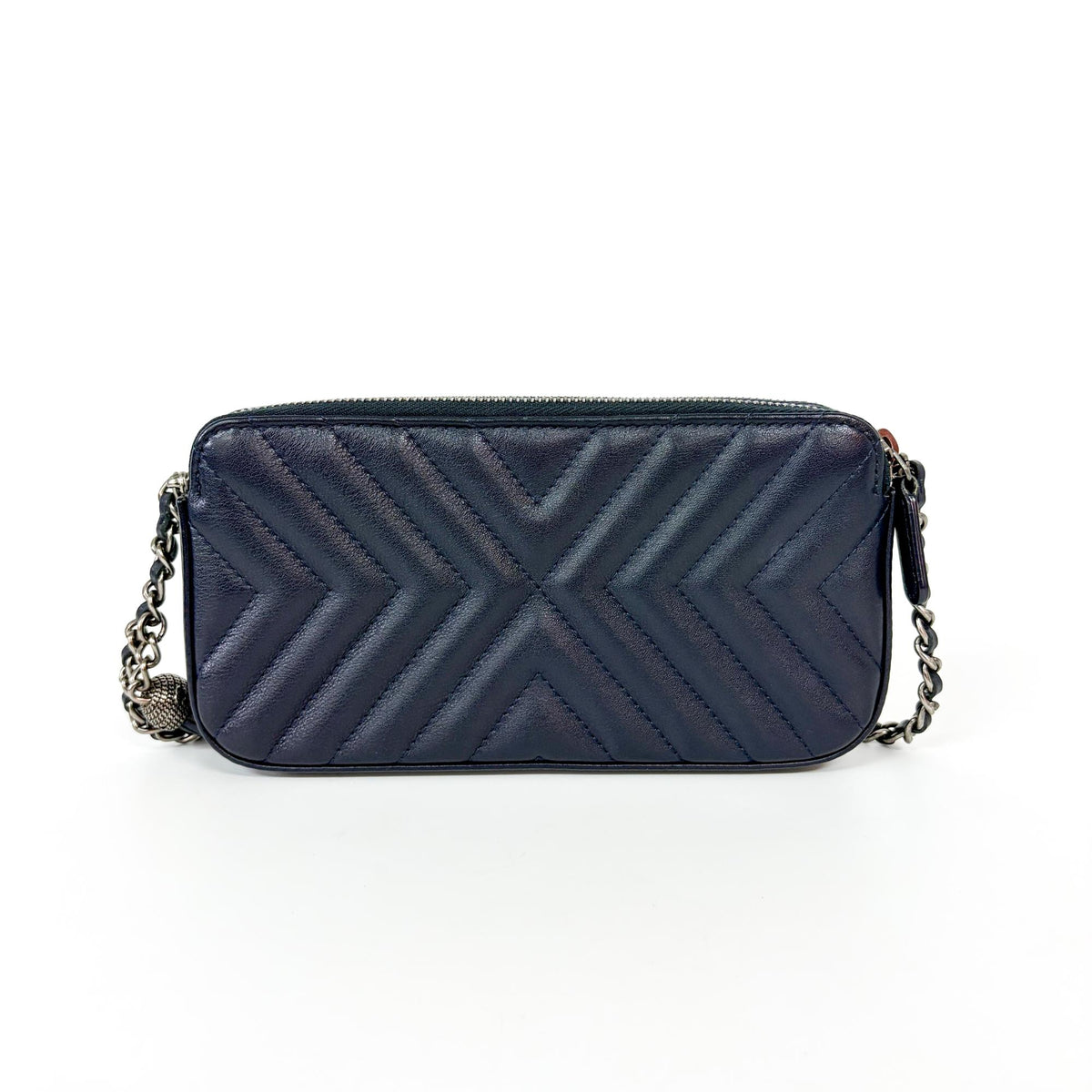 Chanel Cc Double Zip Clutch With Chain Chevron Lambskin Navy Leather Clutche & Pouche Bag (Pre-Owned)