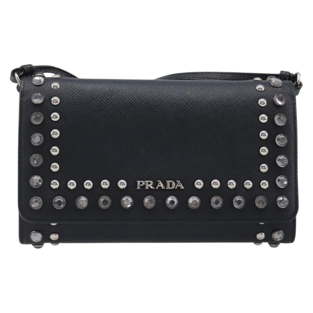 Prada Flap Studded Saffiano Leather Black Leather Crossbody Bag Bag (Pre-Owned)