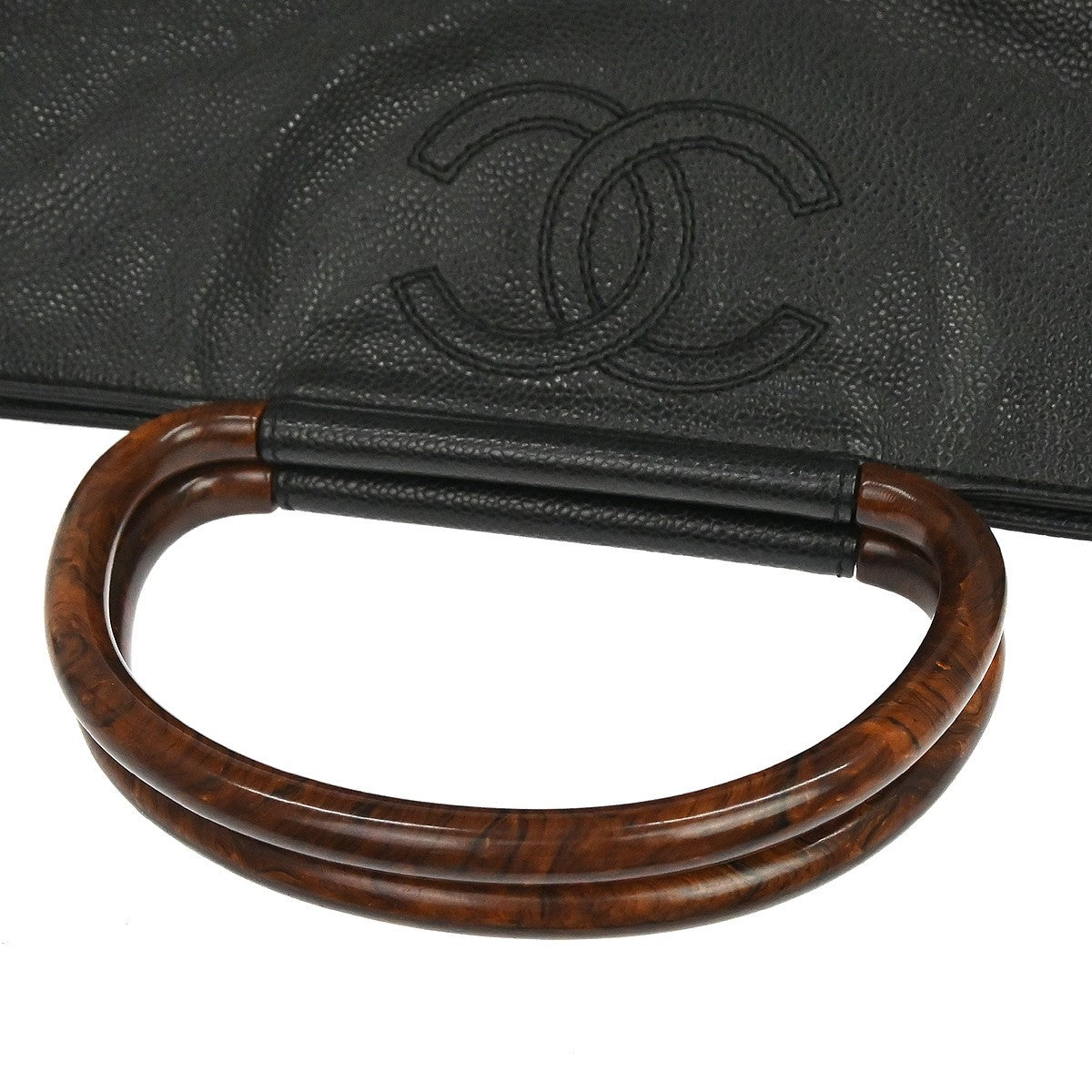 Chanel Vintage Wooden Ring Tote Caviar Black Leather Tote Bag Bag (Pre-Owned)