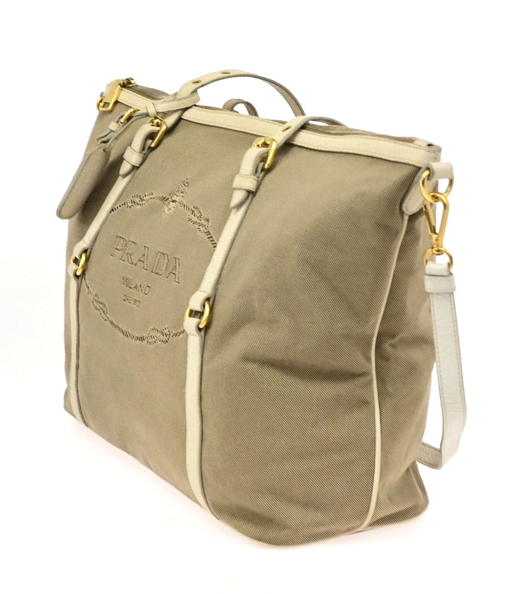 Prada Logo Convertible Shopper Canvas Brown Canvas Tote Bag Bag (Pre-Owned)