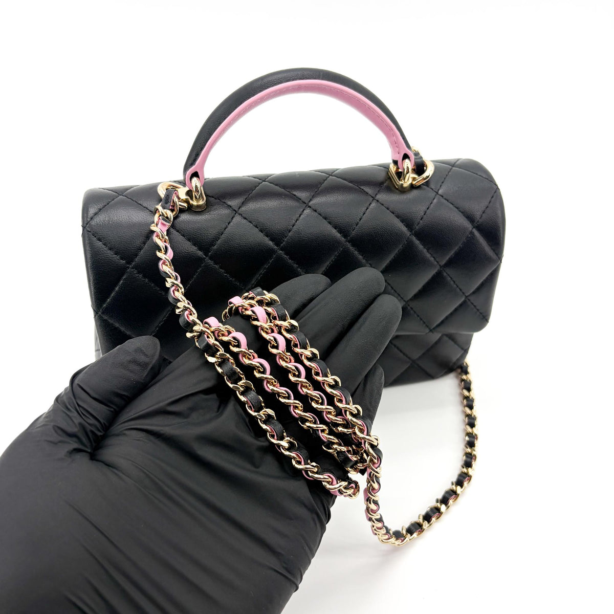 Chanel Classic Single Flap Top Handle Quilted Iridescent Lambskin Black Leather Handbag (Pre-Owned)