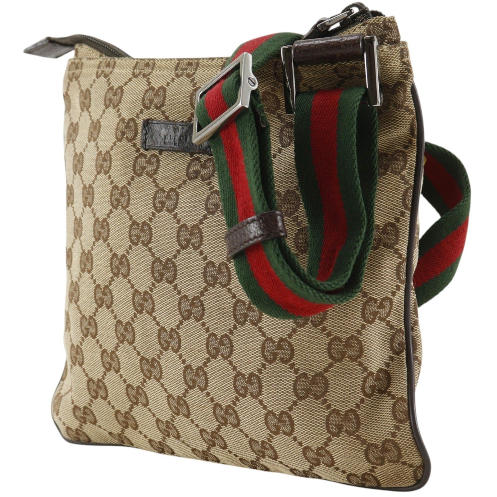 Gucci Web Strap Zip Messenger Gg Canvas And Leather Brown Canvas Shoulder Bag Bag (Pre-Owned)