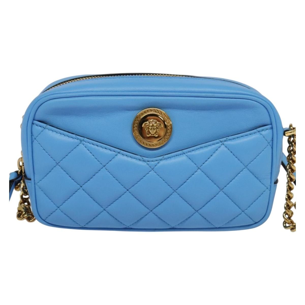 Versace Medusa Icon Front Slip Pocket Camera Quilted Leather Blue Leather Shoulder Bag Bag (Pre-Owned)