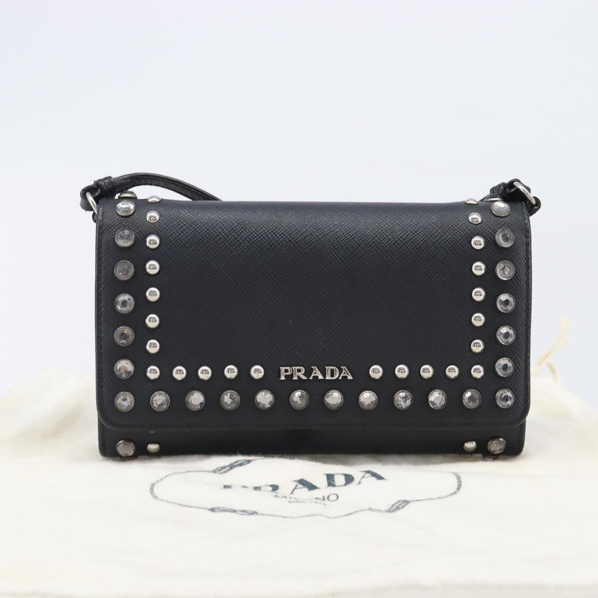 Prada Flap Studded Saffiano Leather Black Leather Crossbody Bag Bag (Pre-Owned)
