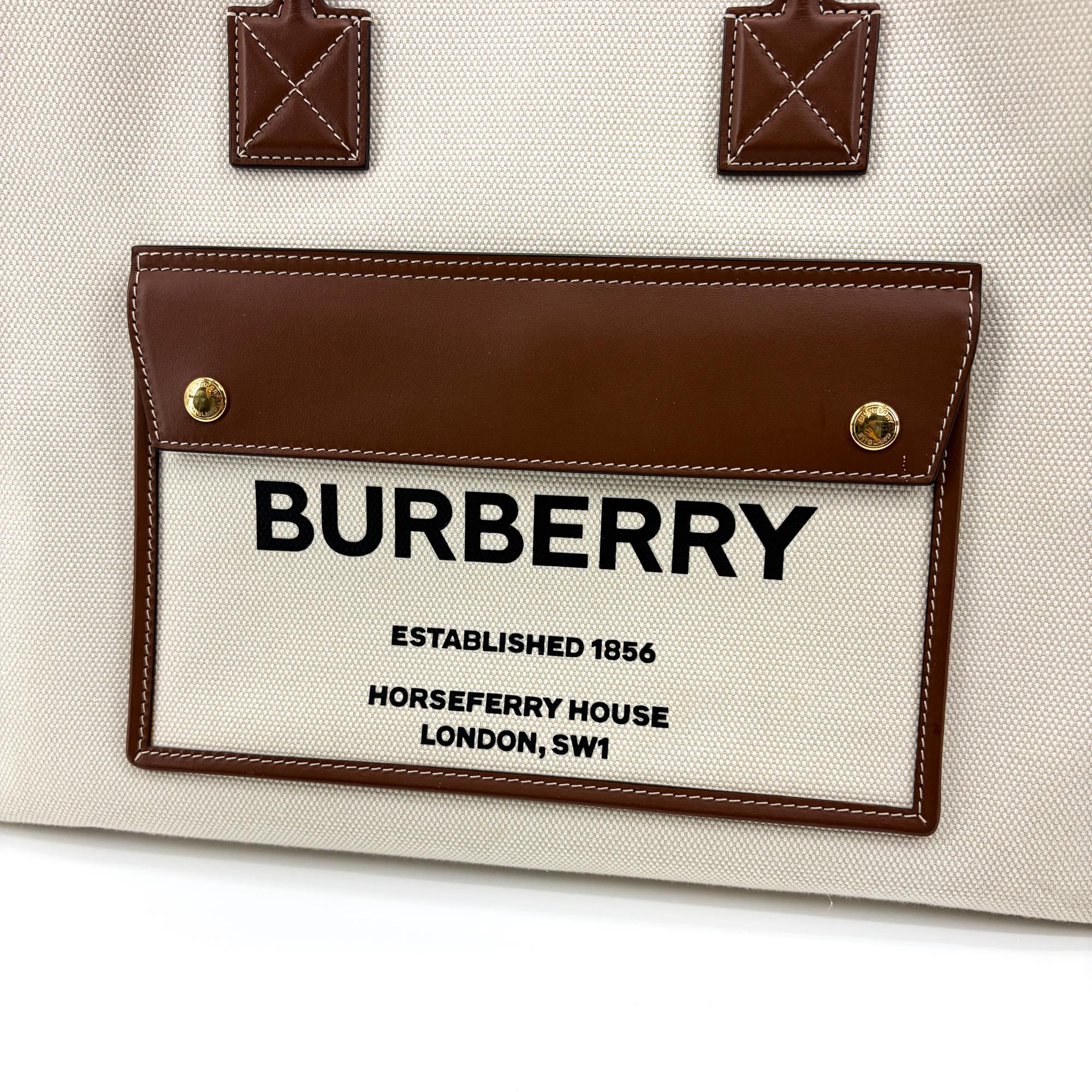 Burberry Freya Shopping Canvas With Leather Beige Canvas Tote Bag Bag (Pre-Owned)