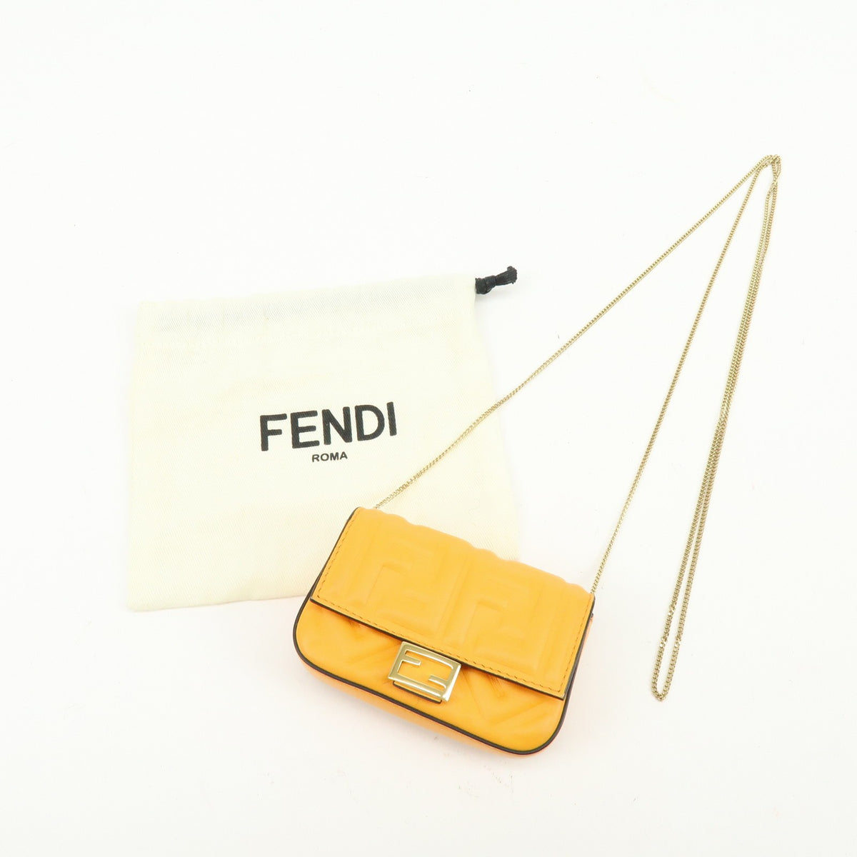 Fendi Chain Baguette Charm Zucca Embossed Leather Orange Leather Handbag (Pre-Owned)