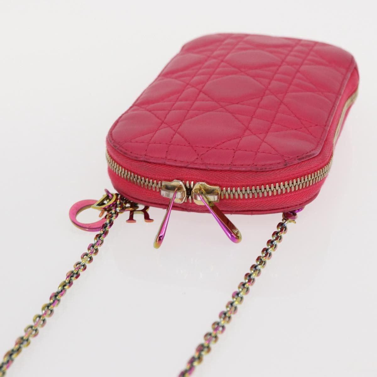 Christian Dior Lady Dior Phone Holder On Chain Cannage Quilt Lambskin Pink Leather Clutche & Pouche Bag (Pre-Owned)