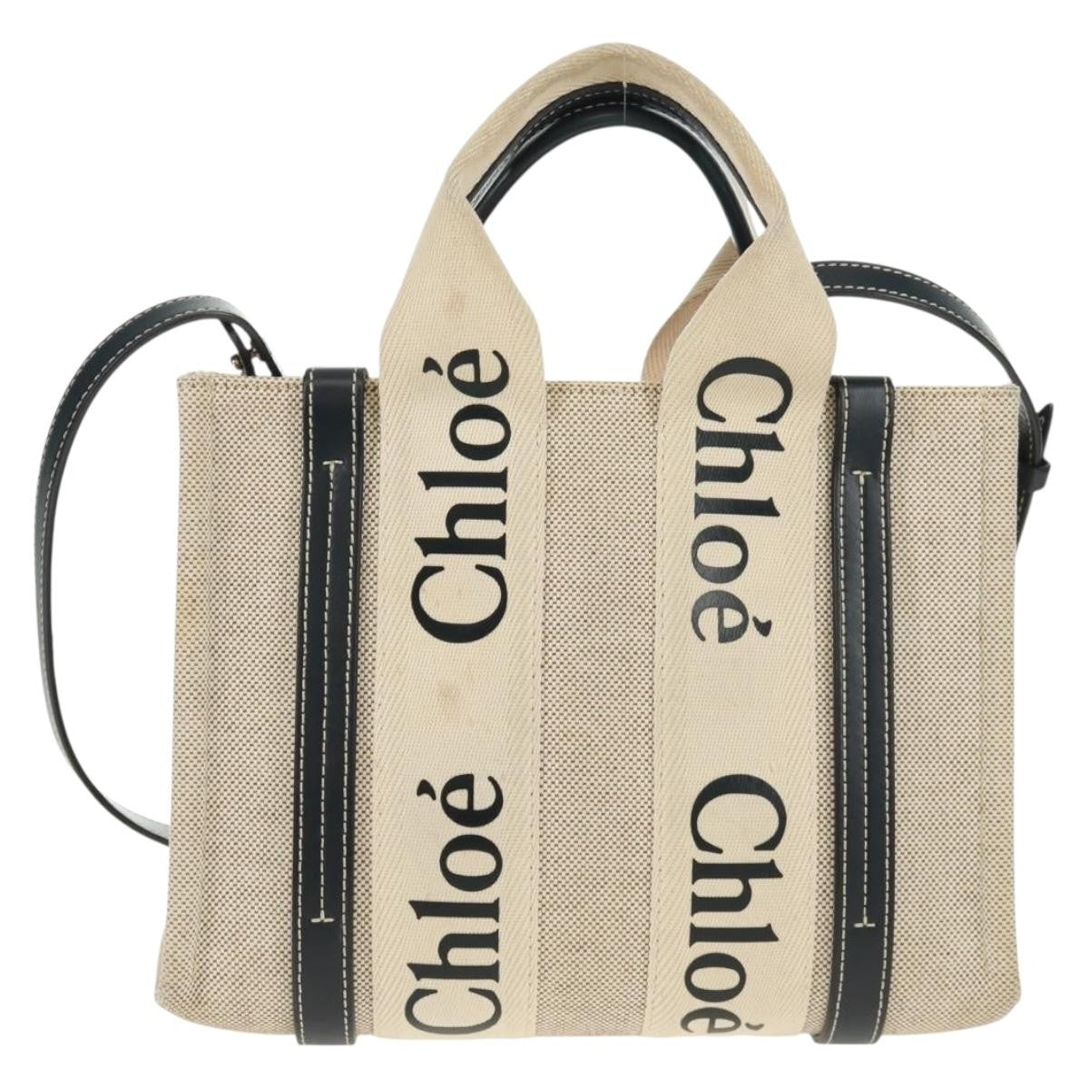Chloe Woody Convertible Canvas With Leather Beige Canvas Tote Bag Bag (Pre-Owned)