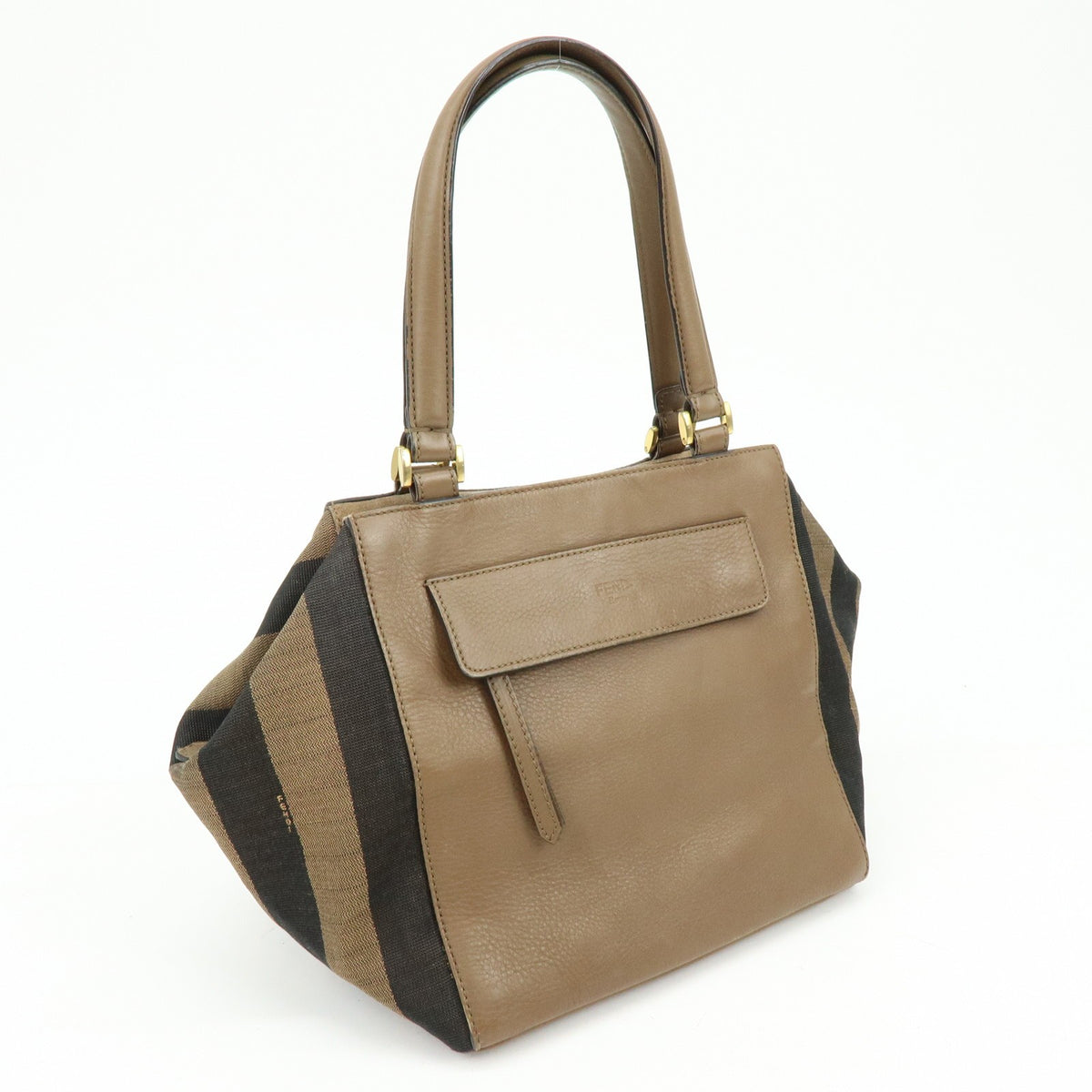 Fendi Boxy Leather With Pequin Canvas Brown Leather Tote Bag Bag (Pre-Owned)