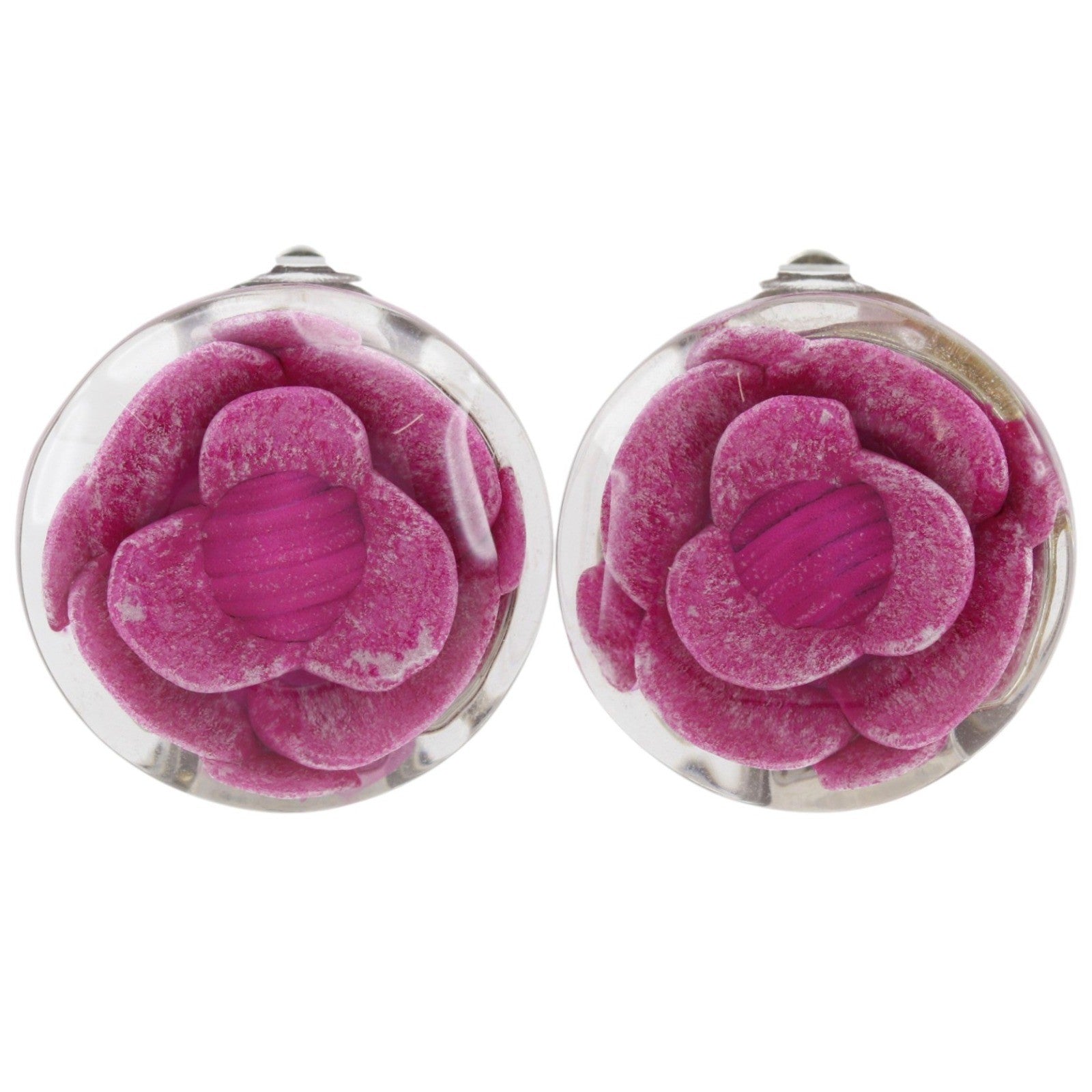 Chanel Camellia Clip-On Resin Pink Plastic Earrings Jewelry (Pre-Owned)