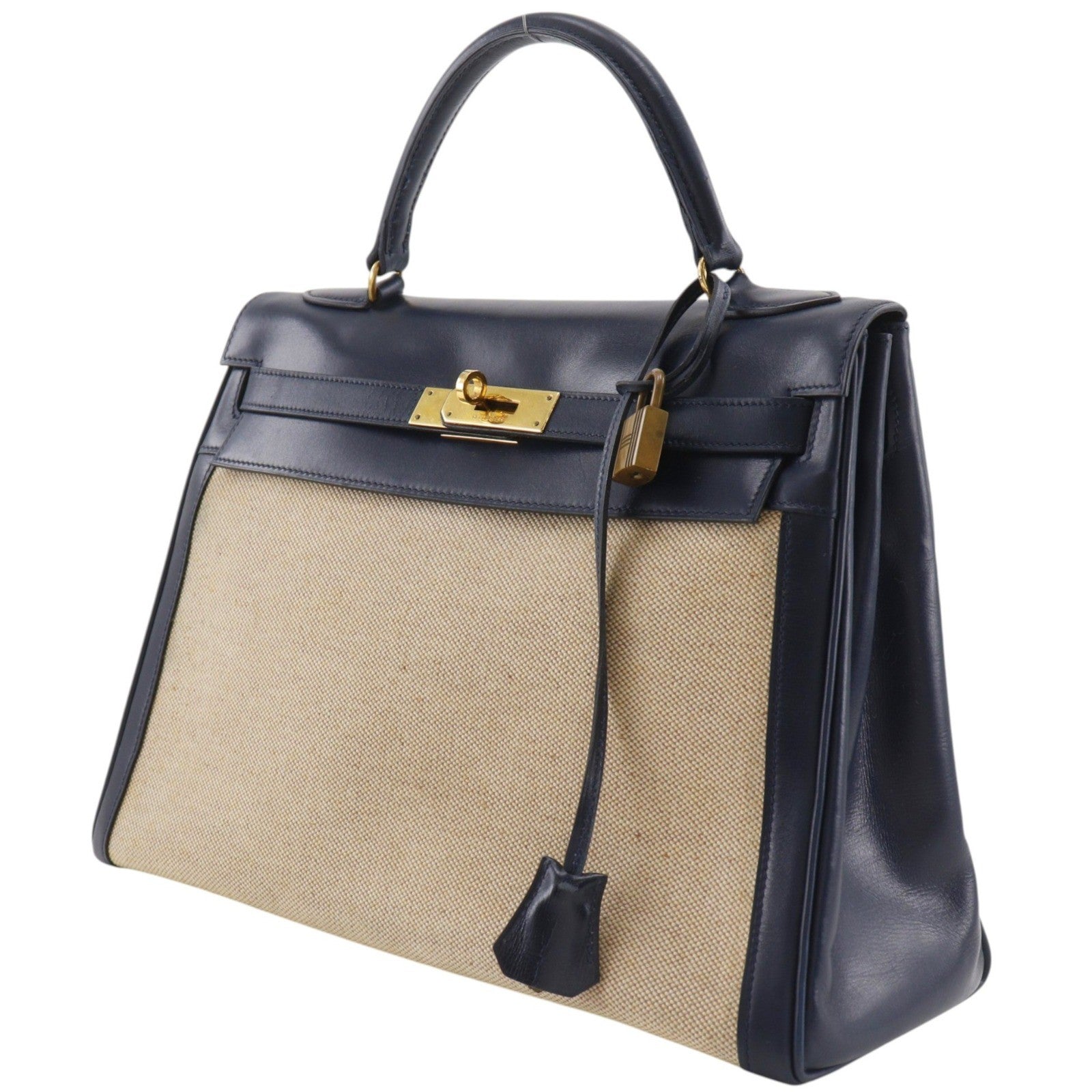 Hermes Kelly Black Box Calf With Gold Hardware Beige Canvas Handbag (Pre-Owned)