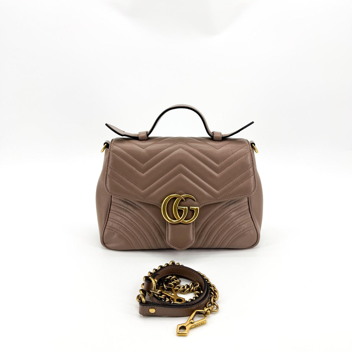 Gucci Gg Marmont Top Handle Flap Matelasse Leather Brown Leather Handbag (Pre-Owned)