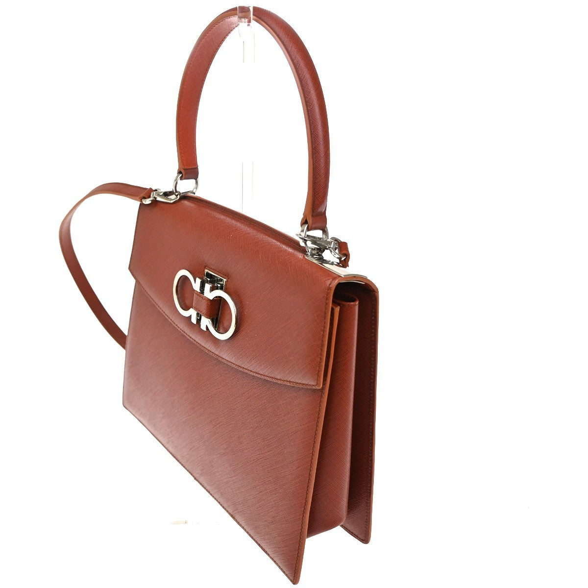 Salvatore Ferragamo Double Gancini Top Handle Saffiano Leather Brown Leather Handbag (Pre-Owned)