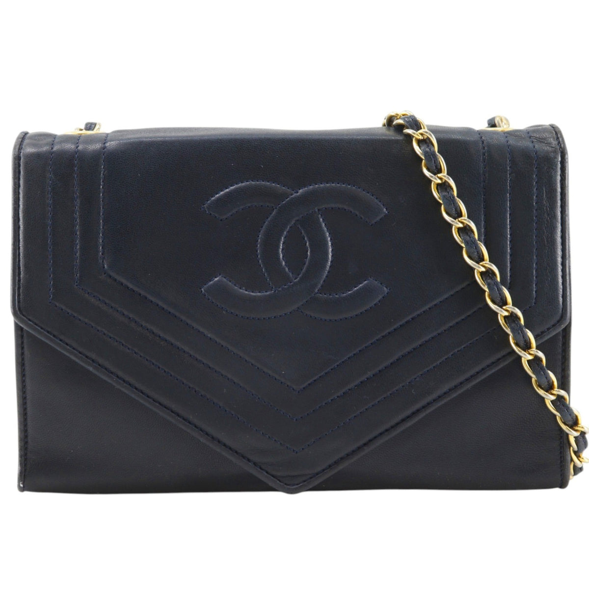 Chanel Vintage Cc Envelope Chain Flap Lambskin Navy Leather Shoulder Bag Bag (Pre-Owned)