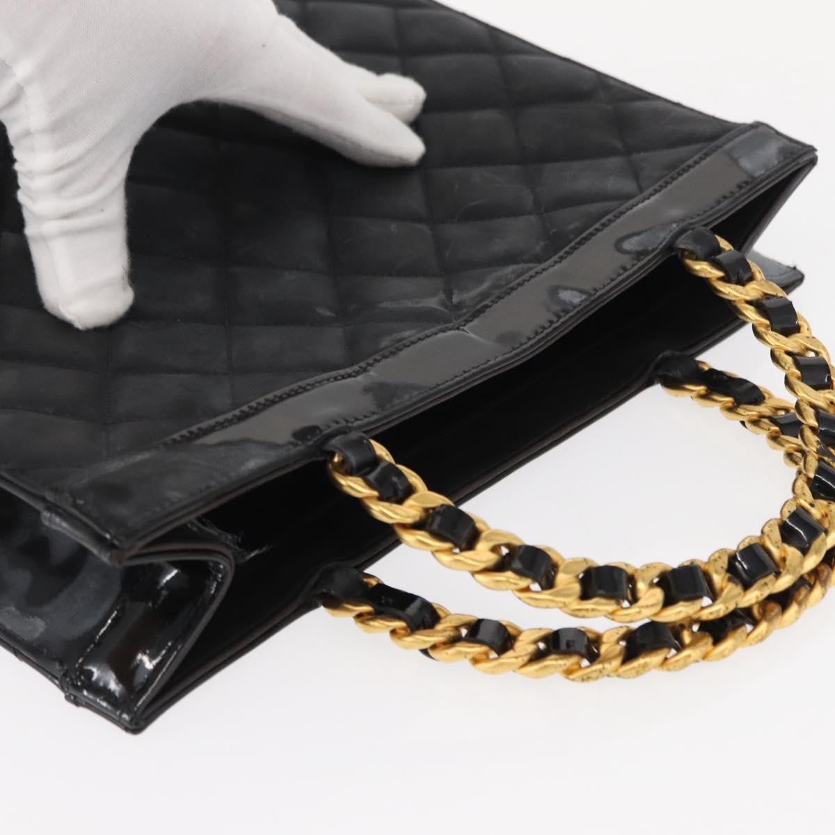 Chanel Chocolate Bar Tote Leather Black Patent_Leather Handbag (Pre-Owned)