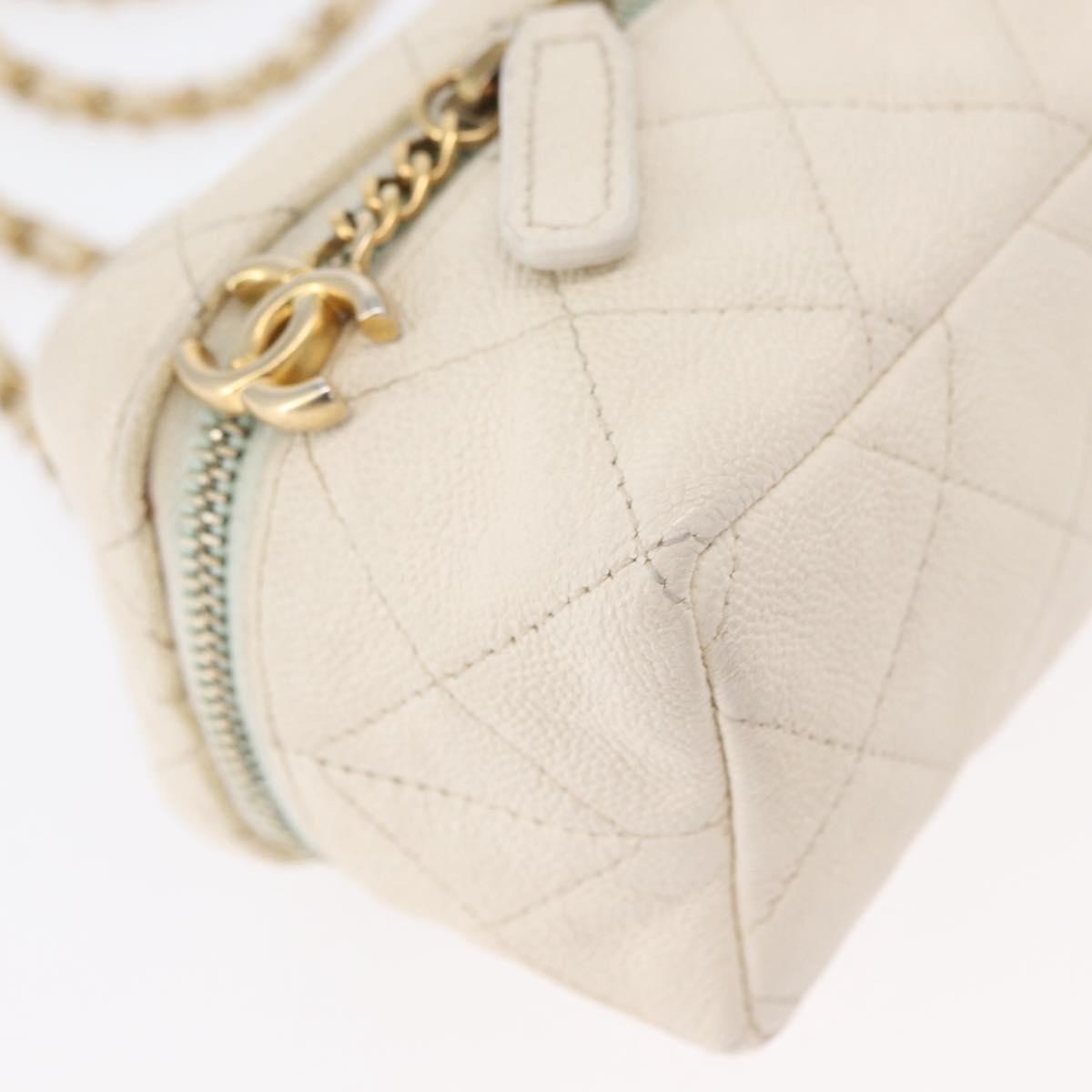 Chanel Top Handle Zip Around Vanity Case With Chain Quilted Caviar White Leather Handbag (Pre-Owned)