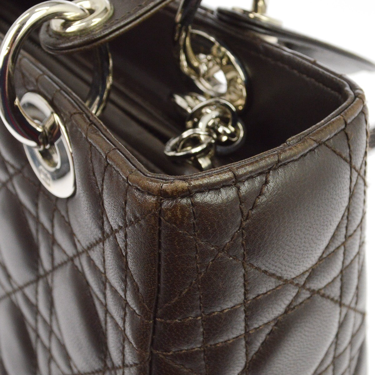 Christian Dior Lady Dior Cannage Quilt Lambskin Brown Leather Handbag (Pre-Owned)