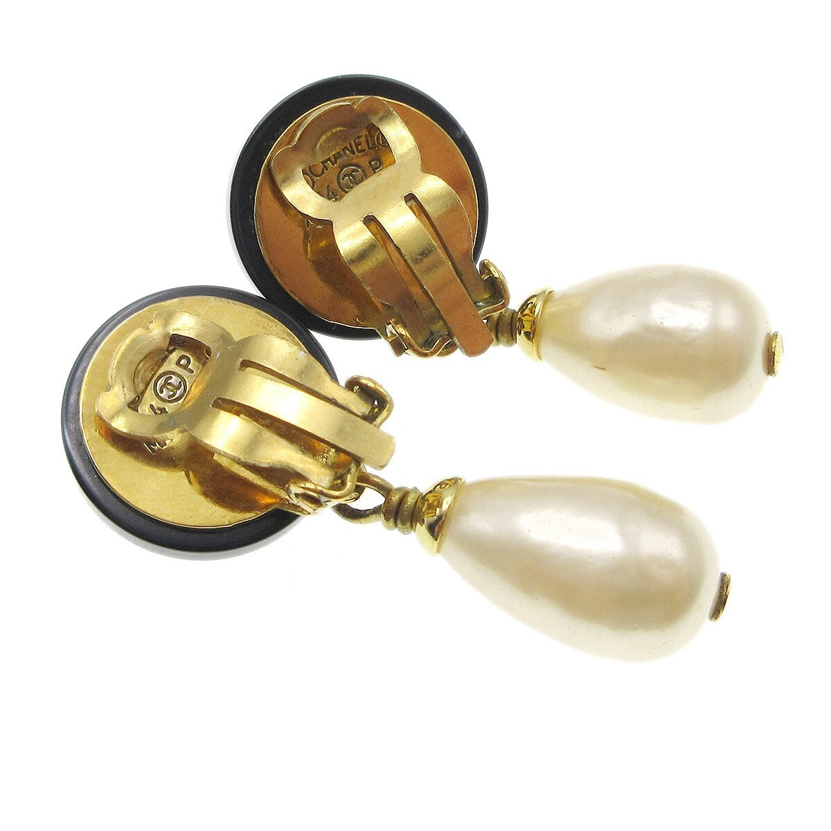 Chanel Vintage Cc Dangle Metal With Crystals Black Gold_Plated Earrings Jewelry (Pre-Owned)