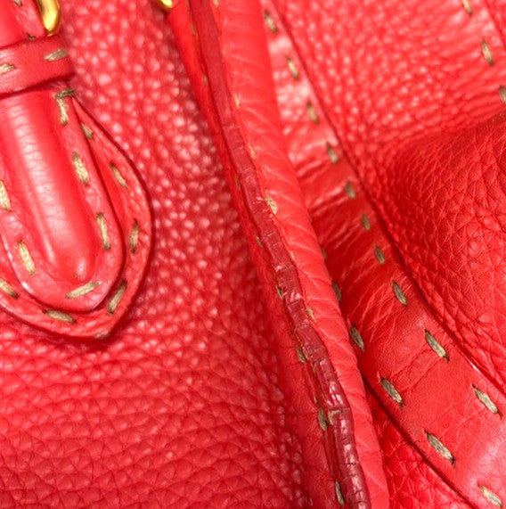Fendi Selleria Linda Satchel Pebbled Leather Red Leather Handbag (Pre-Owned)