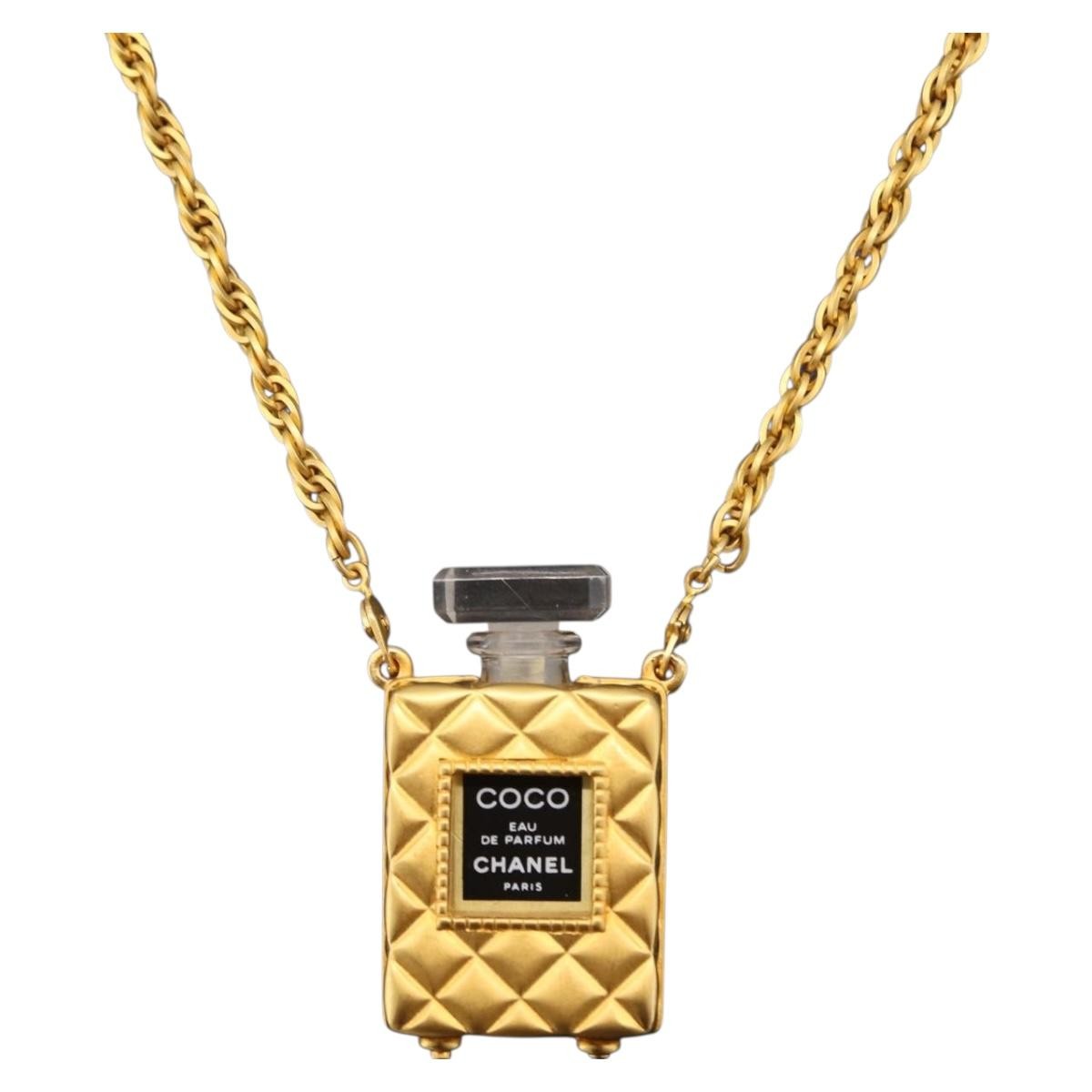 Chanel Cc Perfume Bottle Pendant Chain Long Metal With Crystals And Faux Pearls Gold Metal Necklace Jewelry (Pre-Owned)