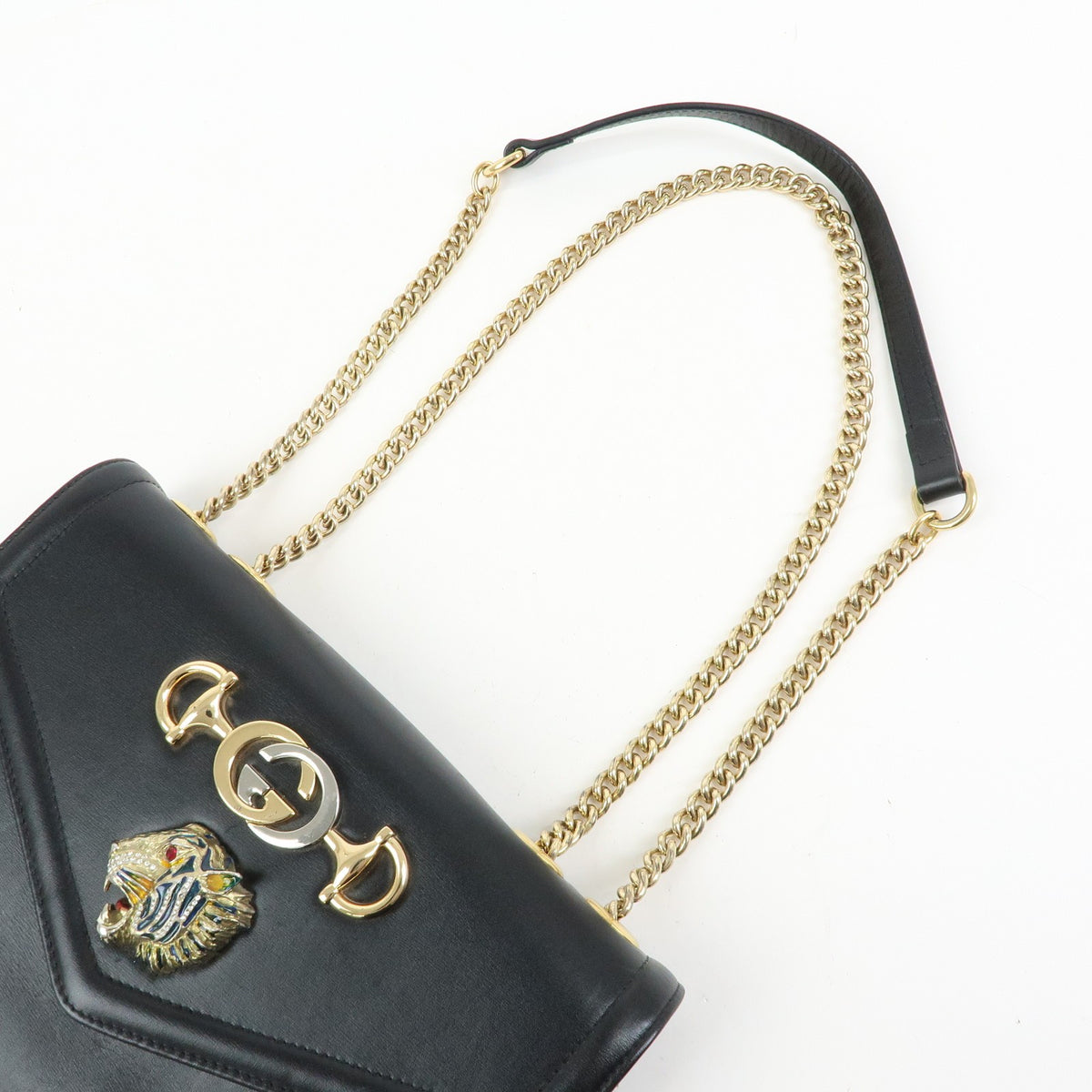 Gucci Rajah Chain Leather Black Leather Tote Bag Bag (Pre-Owned)