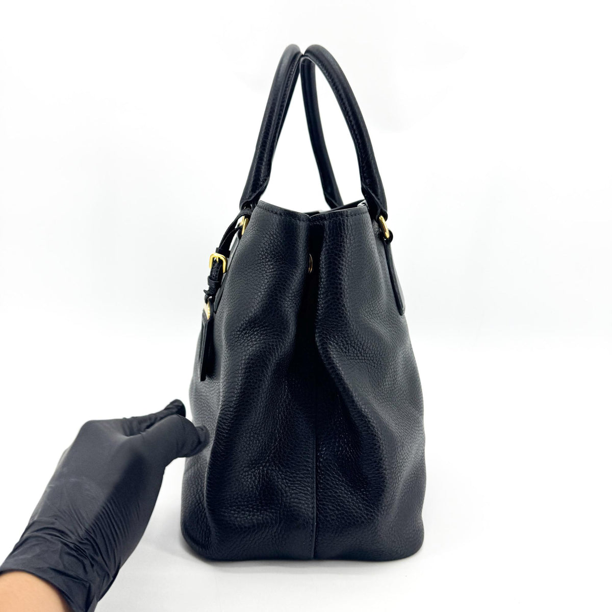 Prada Convertible Top Handle Satchel Vitello Daino Black Calfskin Handbag (Pre-Owned)