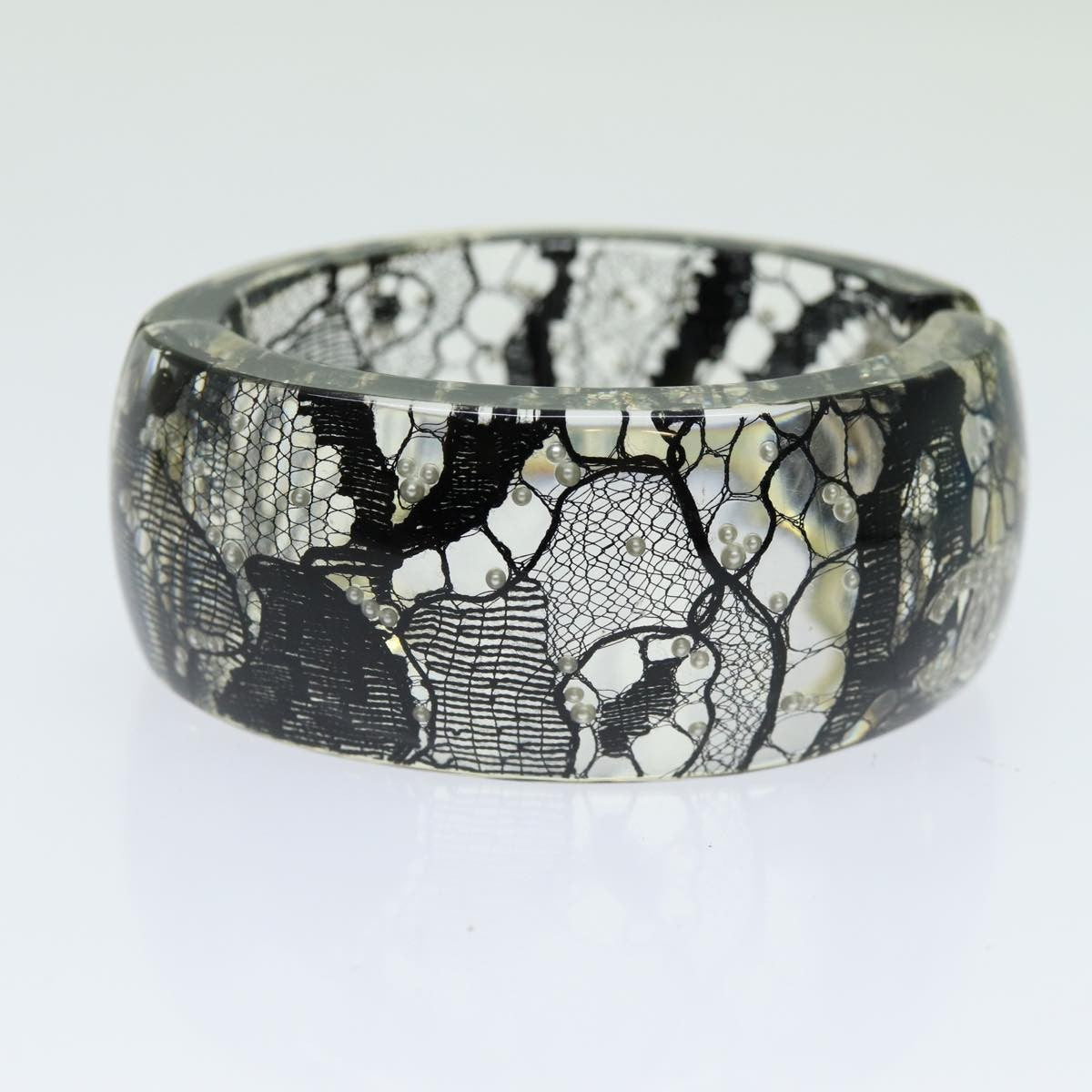 Chanel Cc Hinged Bangle Resin With Lace And Faux Pearls Black Plastic Bracelet Jewelry (Pre-Owned)