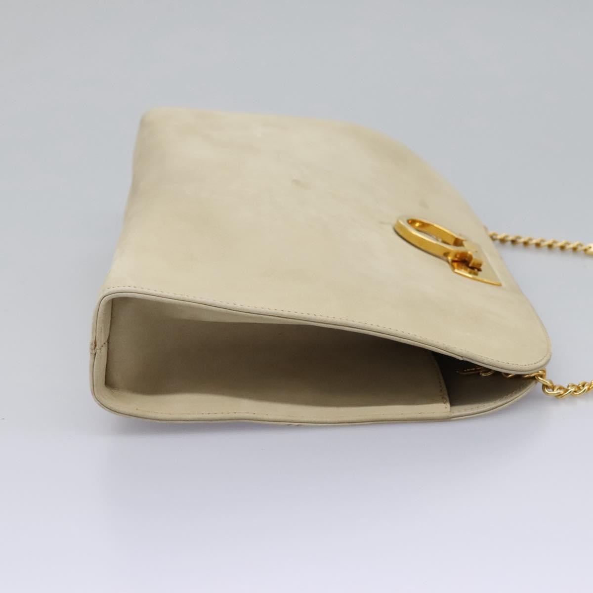 Salvatore Ferragamo Chain Gancini Jacquard With Studded Leather Beige Suede Shoulder Bag Bag (Pre-Owned)
