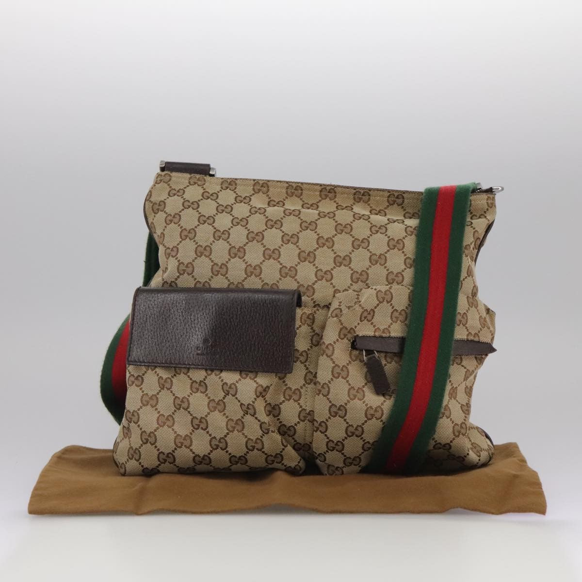 Gucci Double Pocket Web Messenger Gg Canvas And Leather Brown Canvas Shoulder Bag Bag (Pre-Owned)