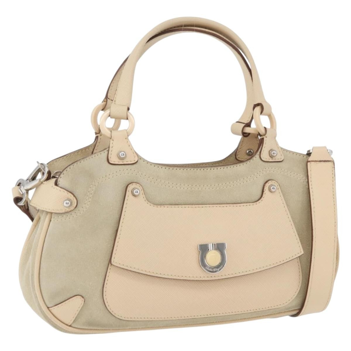 Salvatore Ferragamo Gancini Suede Beige Suede Handbag (Pre-Owned)