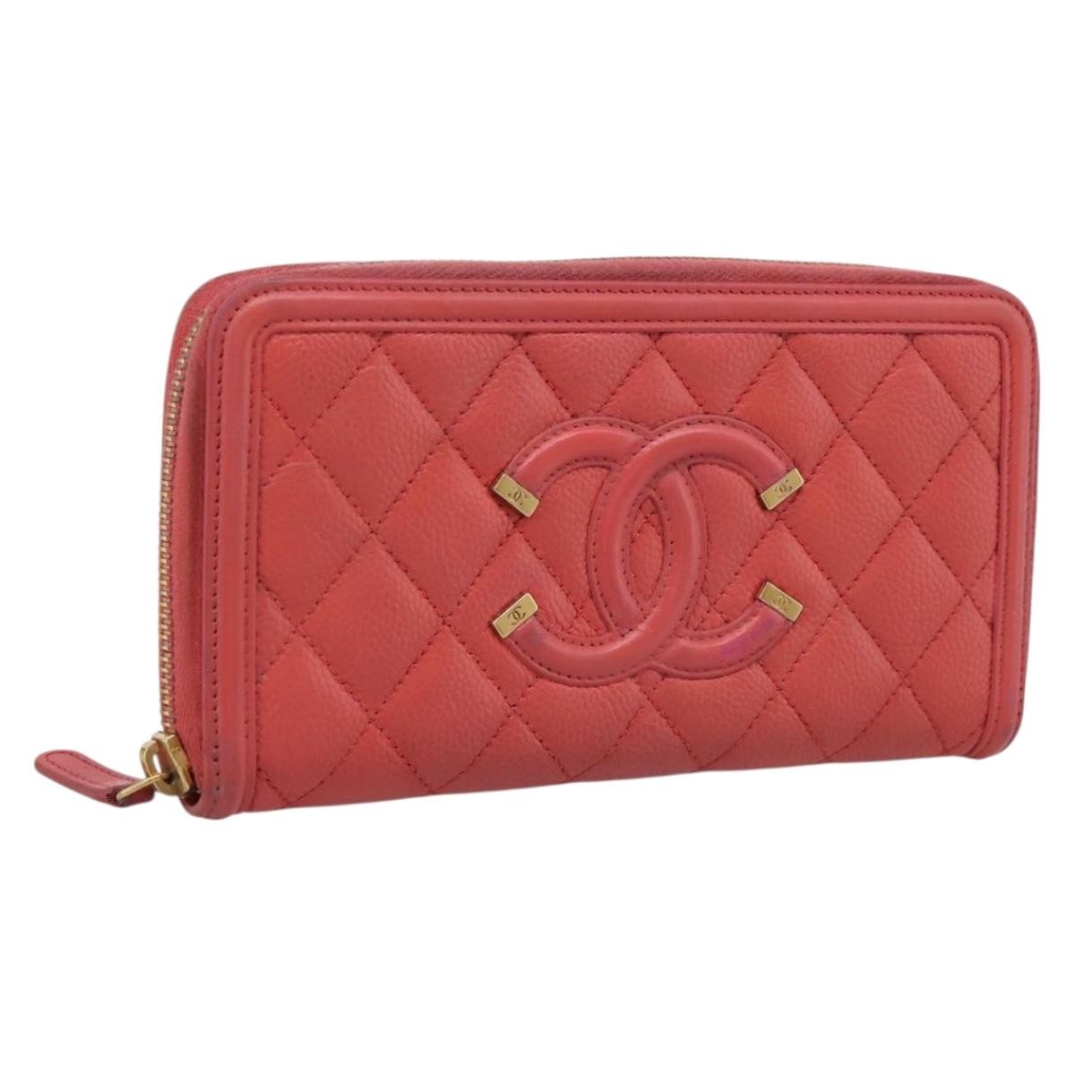 Chanel Filigree Zip Around Quilted Caviar Orange Calfskin Wallets Accessory (Pre-Owned)
