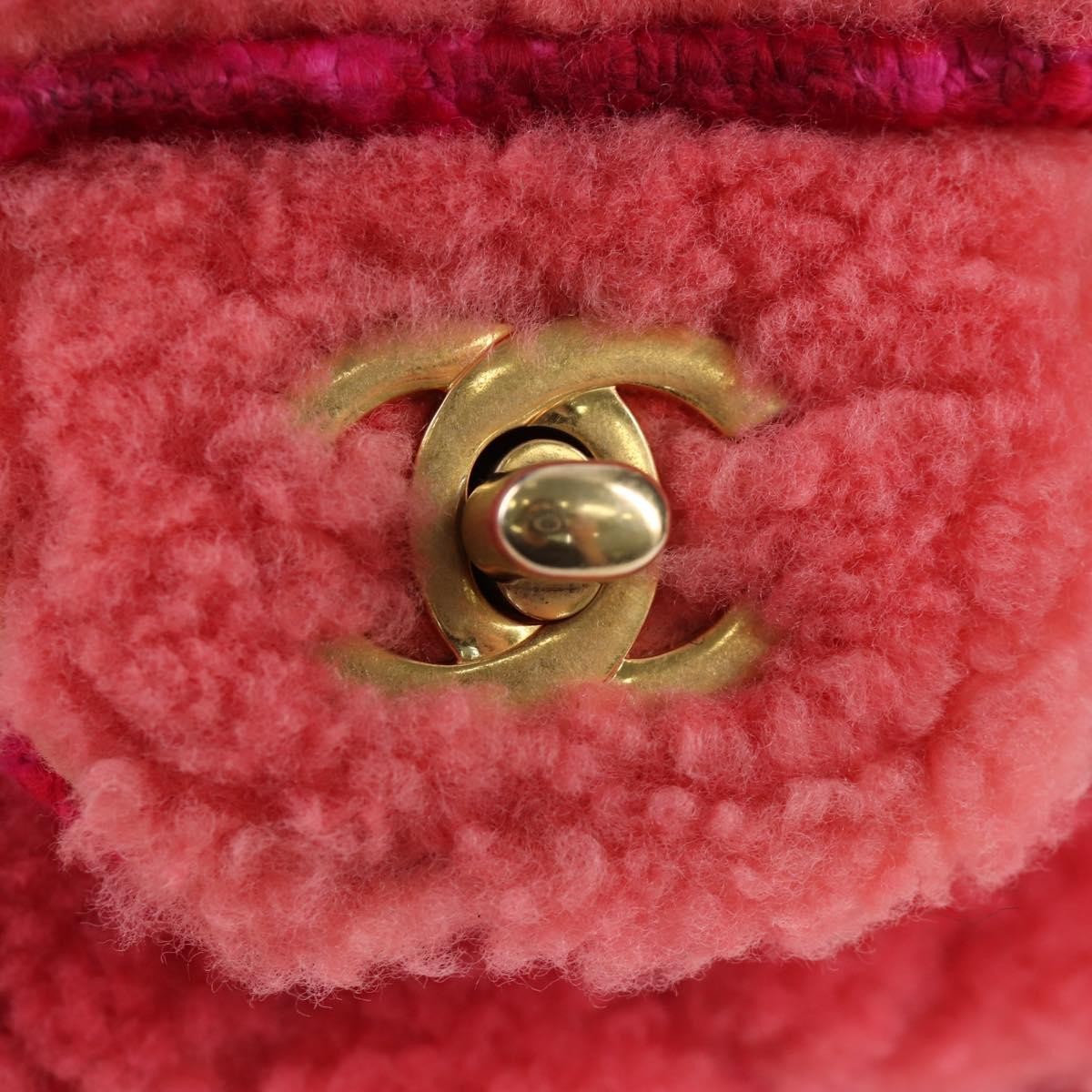 Chanel Vintage Square Classic Single Flap Quilted Shearling And Tweed Pink Canvas Handbag (Pre-Owned)